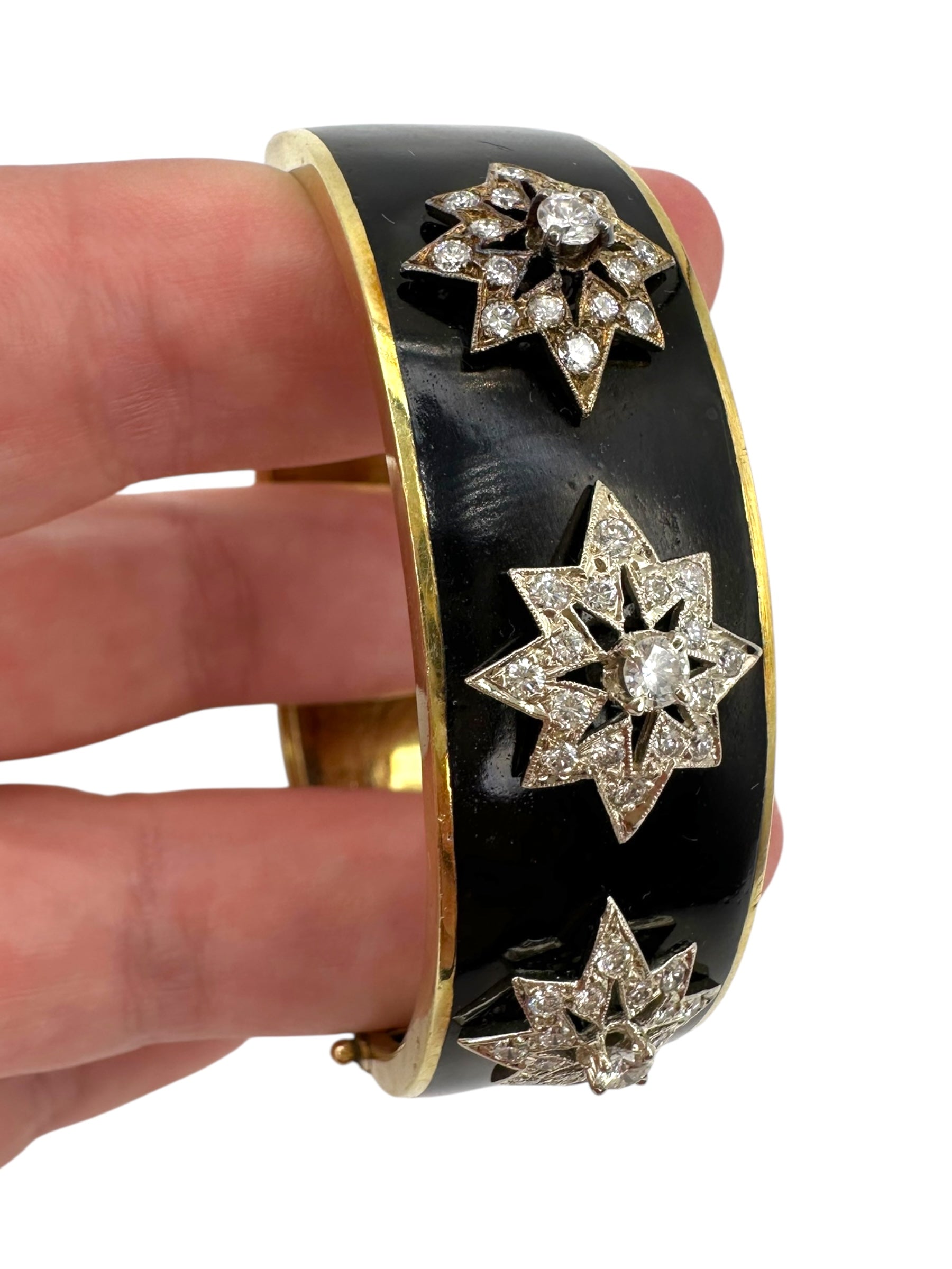 14k Victorian Diamond Star Enamel Bangle Bracelet