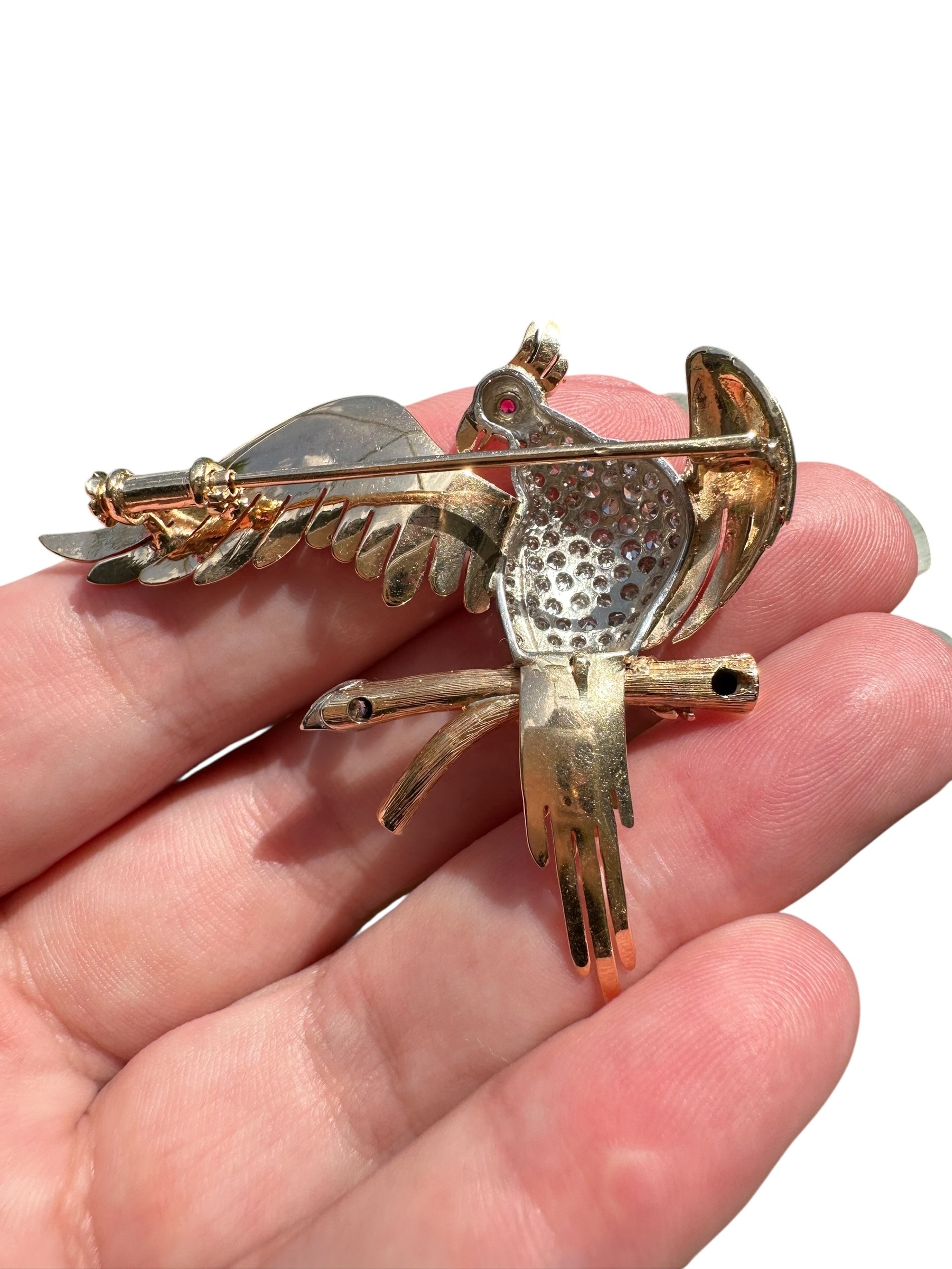 18k Retro Cockatiel Bird on Branch Brooch