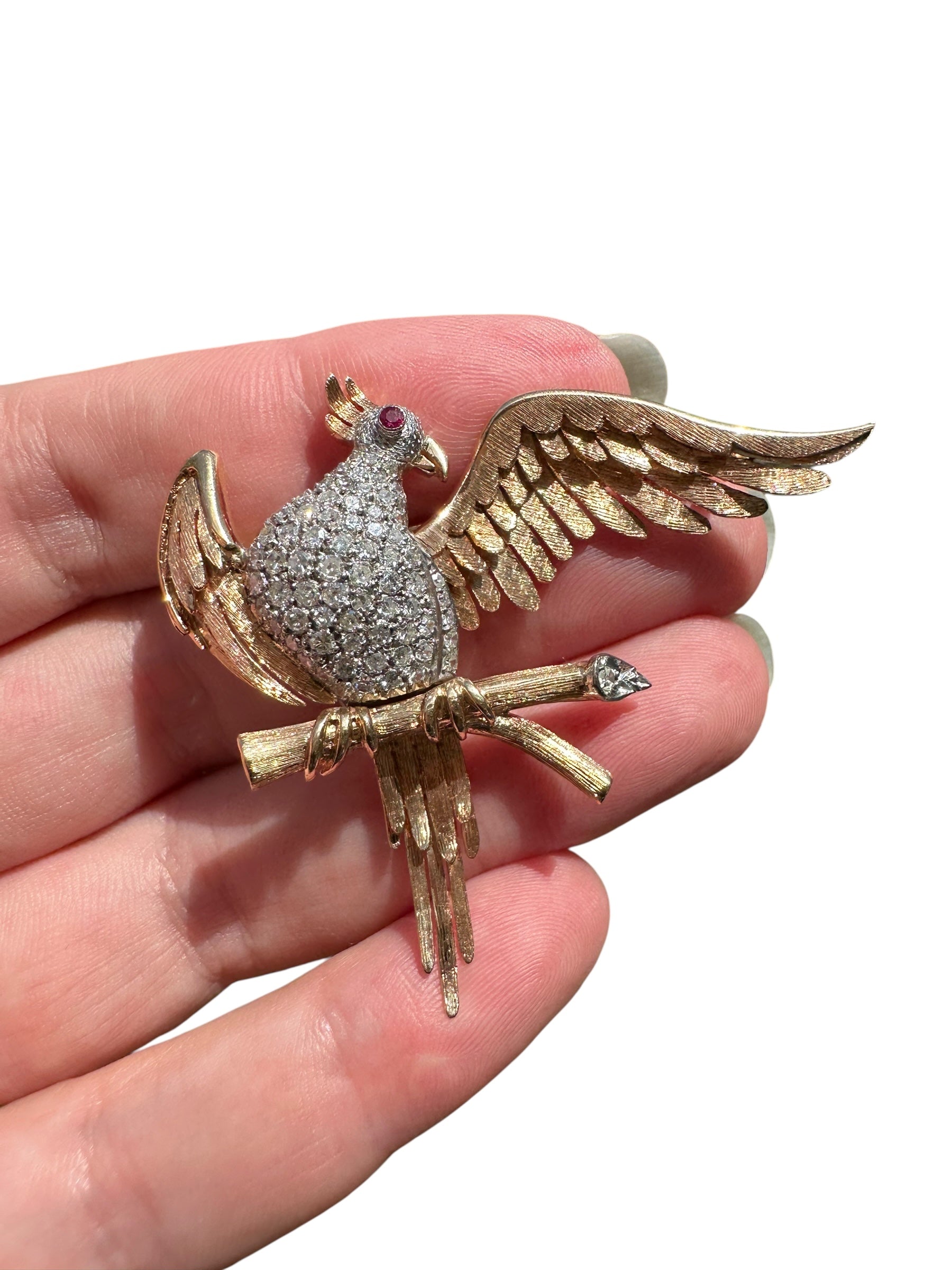 18k Retro Cockatiel Bird on Branch Brooch