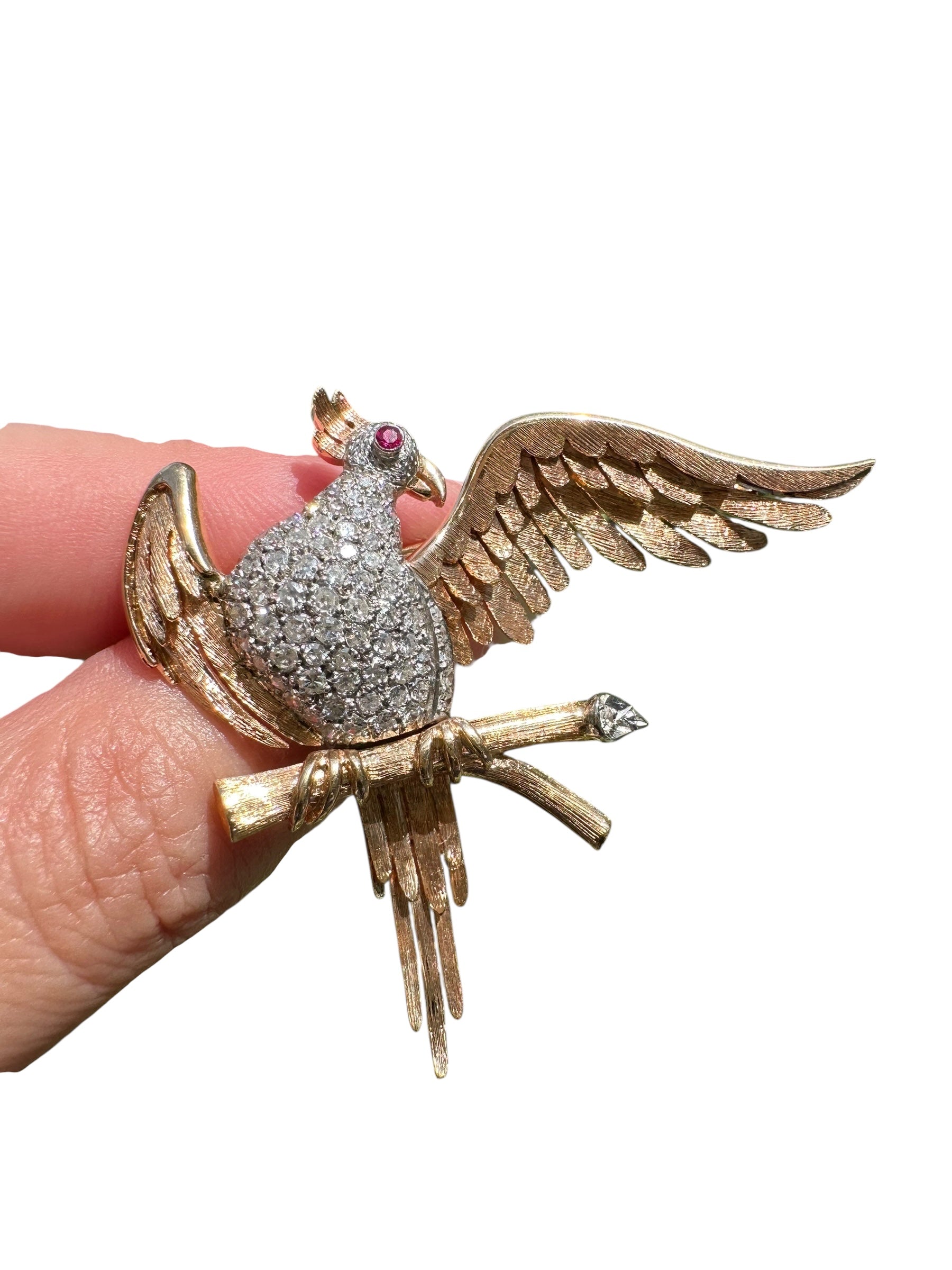 18k Retro Cockatiel Bird on Branch Brooch