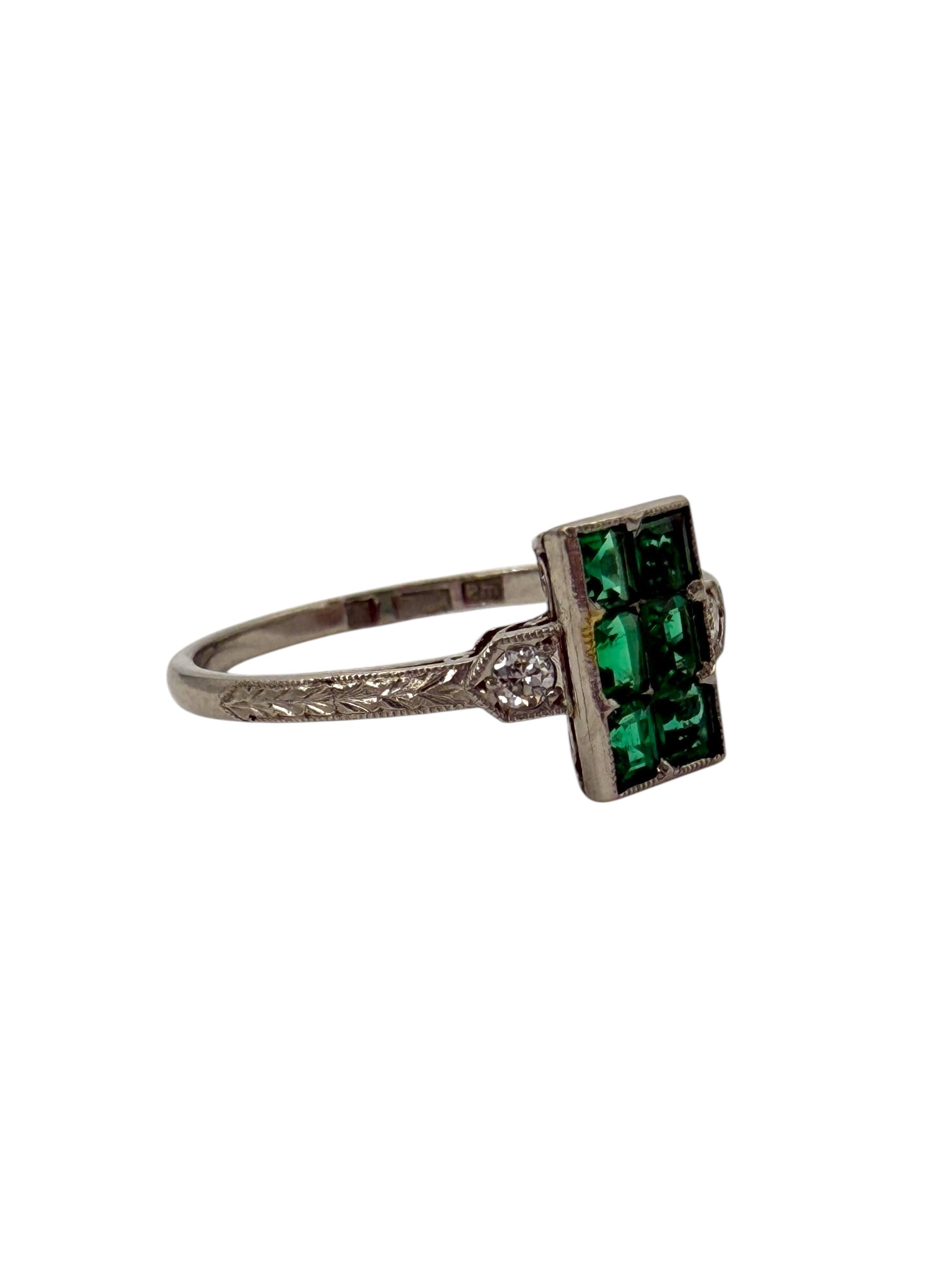 Platinum Art Deco Emerald Diamond Ring