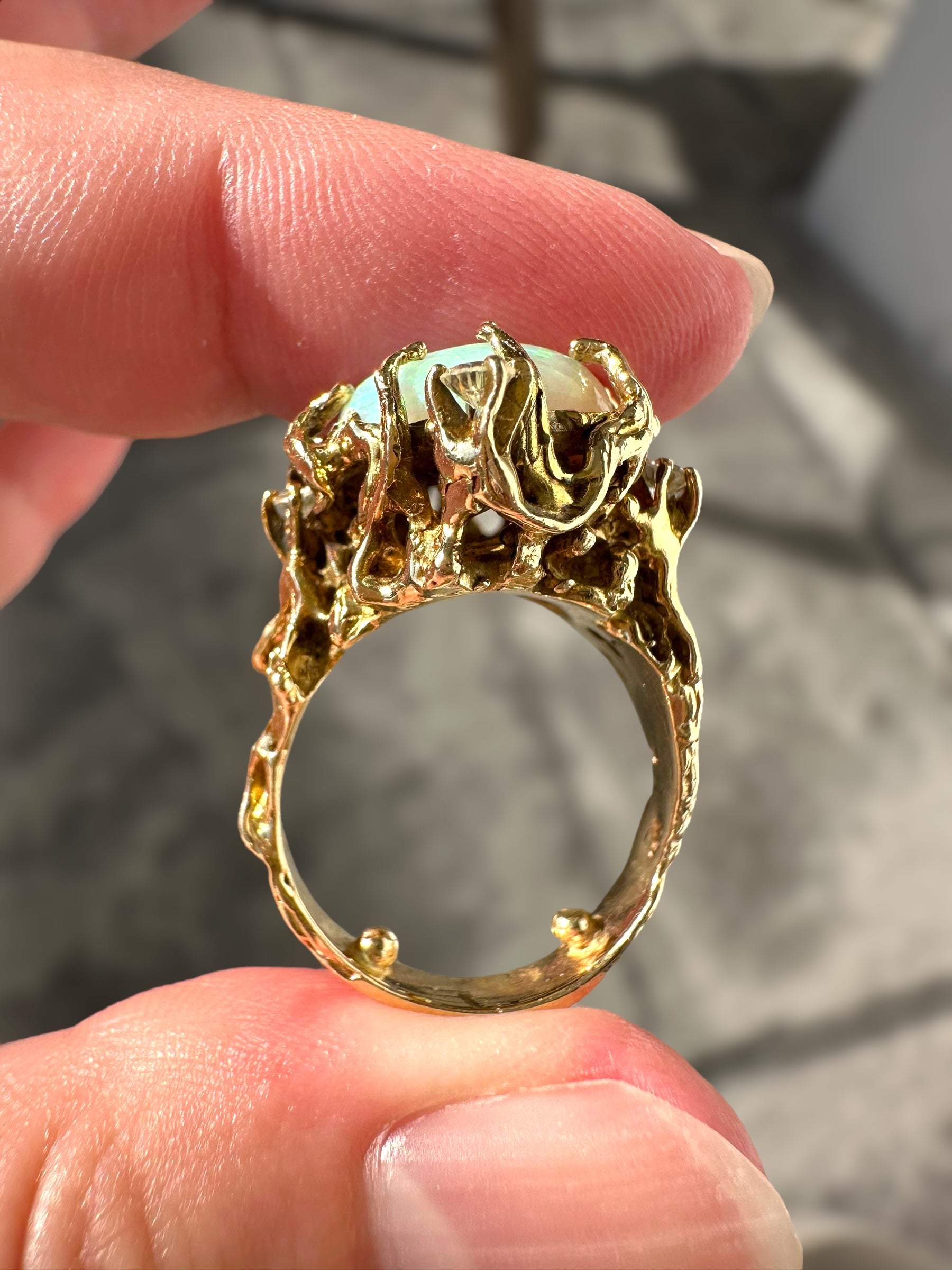 14k Opal Diamond Brutalist Ring