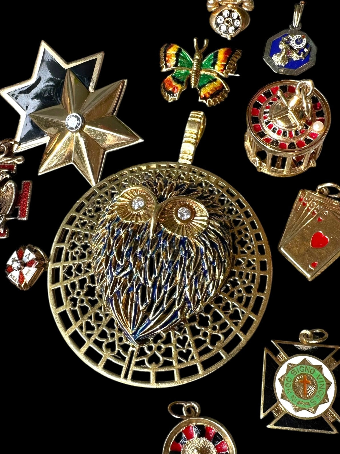 18k Peter Lindeman Enamel Diamond Owl Pendant