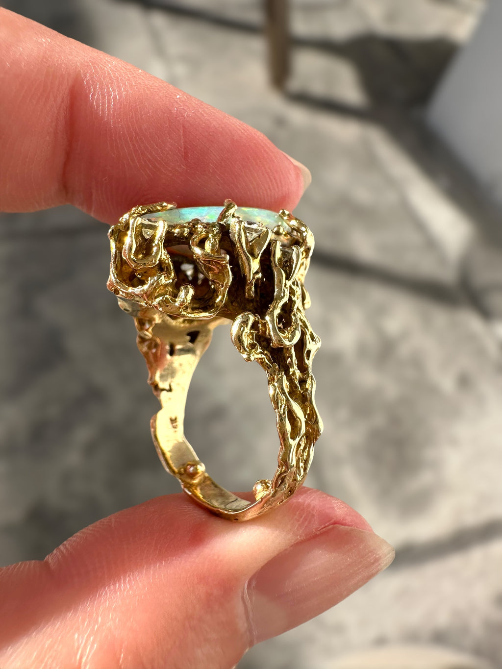 14k Opal Diamond Brutalist Ring