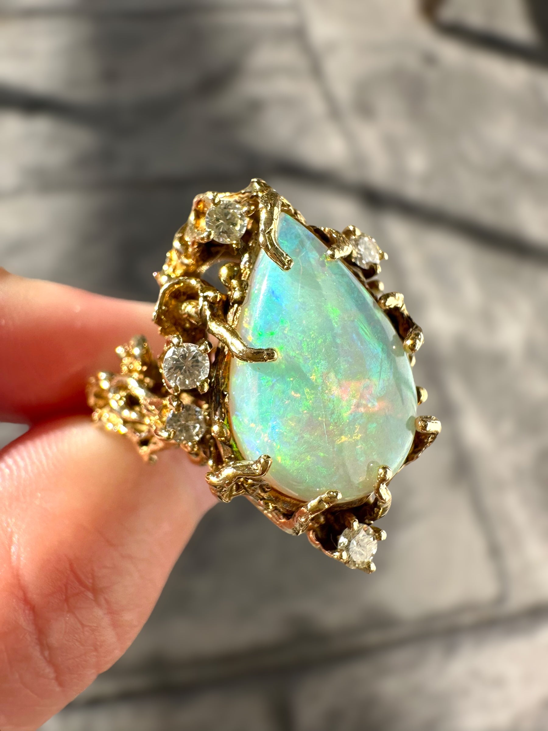 14k Opal Diamond Brutalist Ring