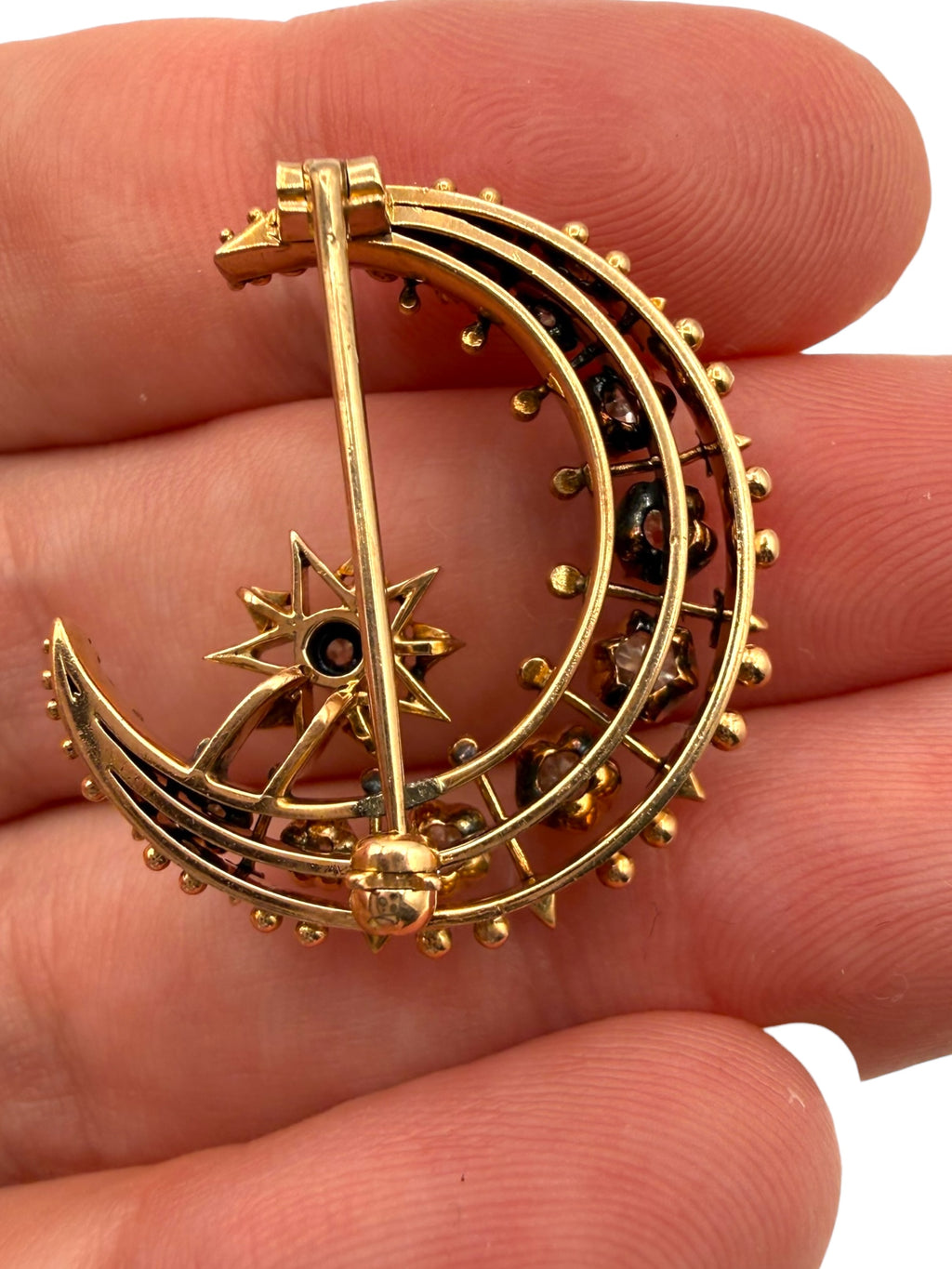 14k Diamond Crescent Moon Brooch