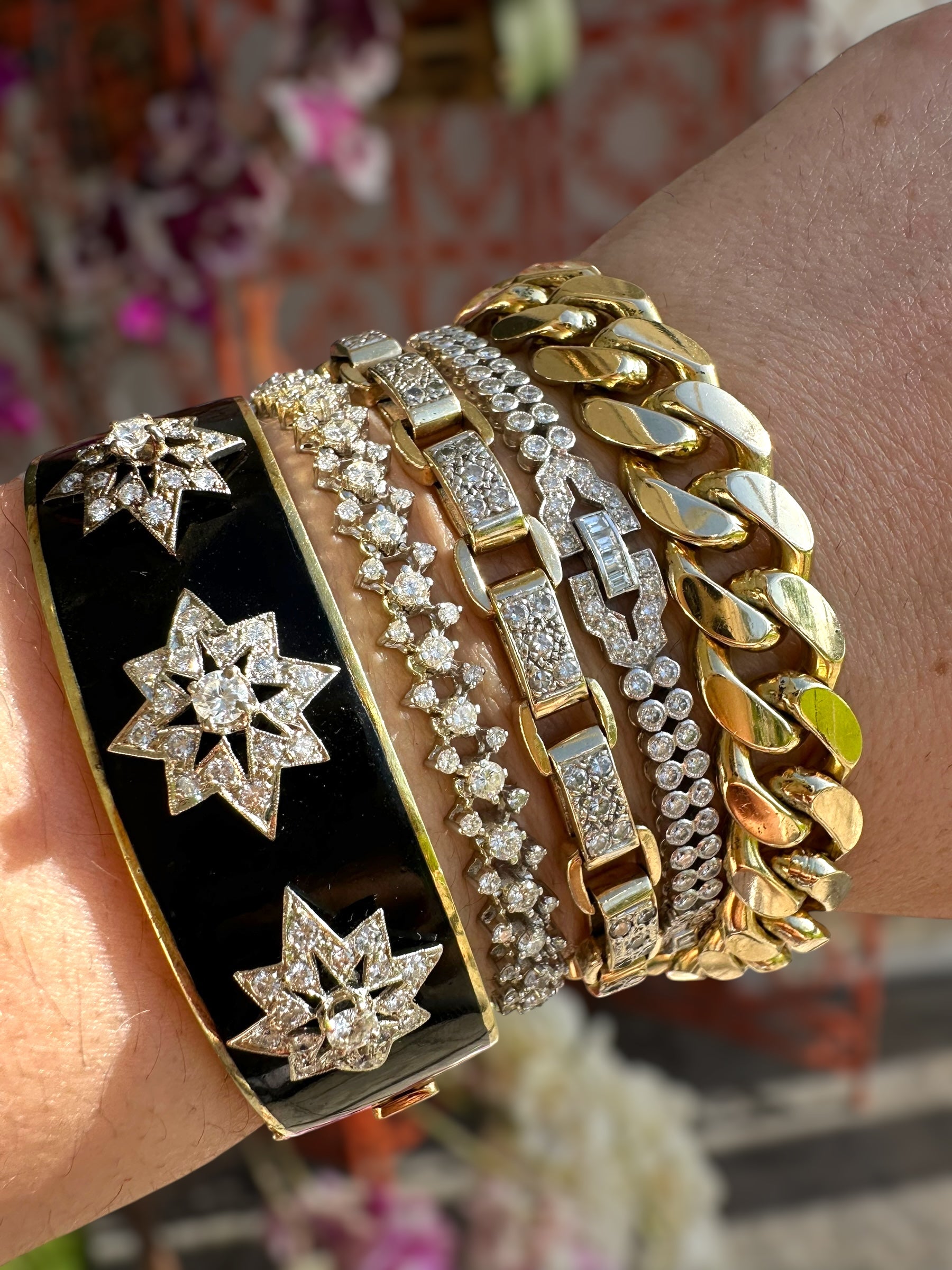 14k Victorian Diamond Star Enamel Bangle Bracelet