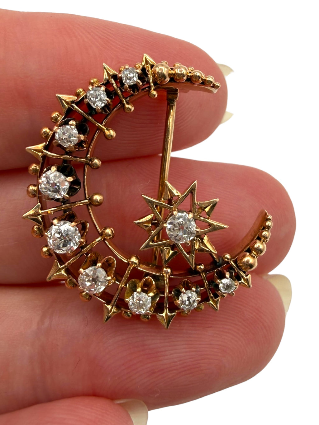14k Diamond Crescent Moon Brooch