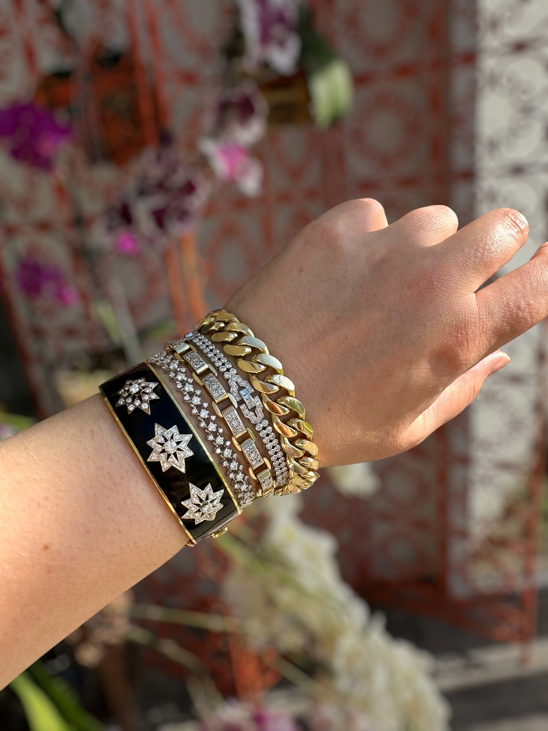 14k Victorian Diamond Star Enamel Bangle Bracelet