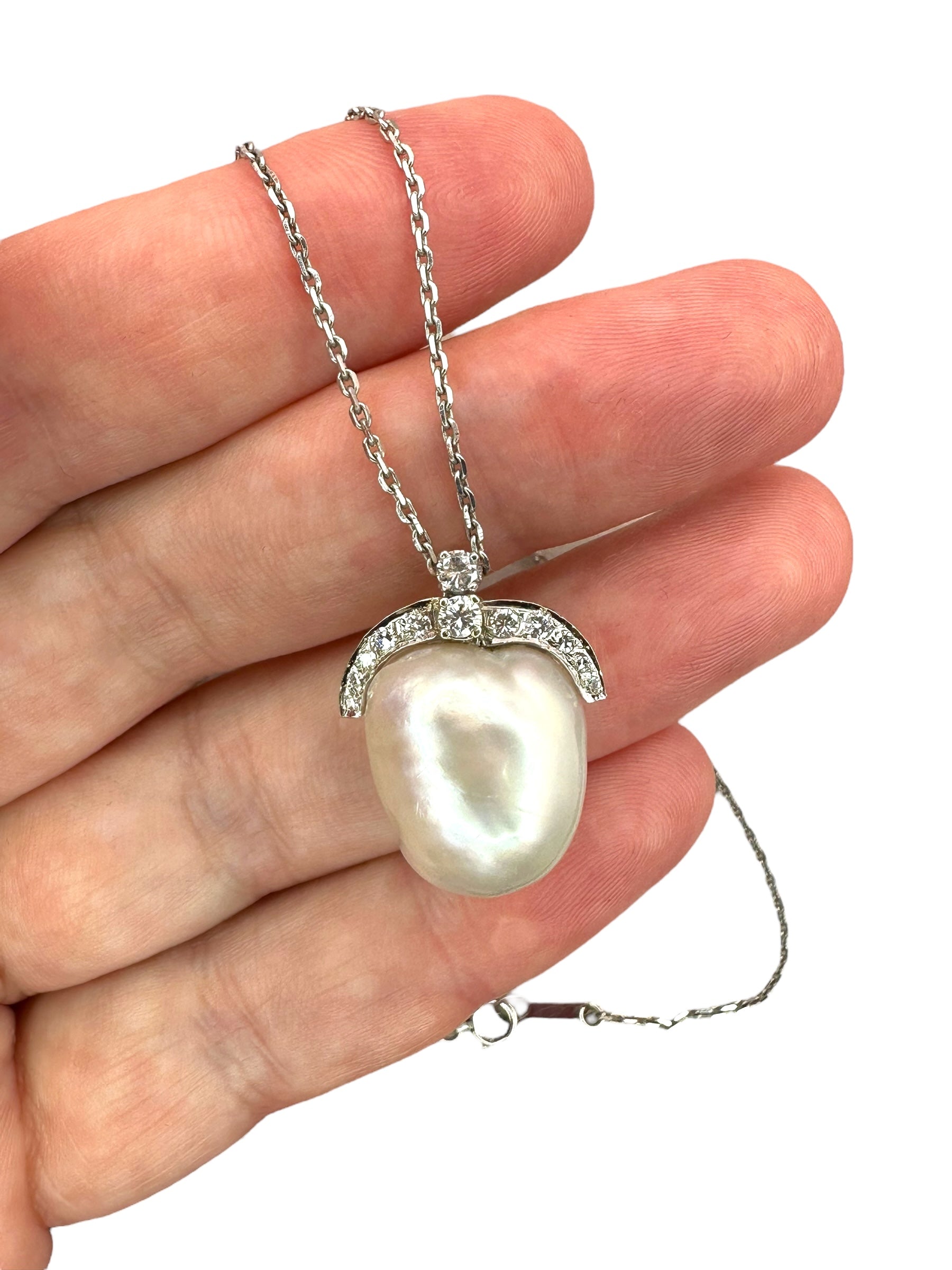 Platinum Diamond Pearl Pendant Necklace