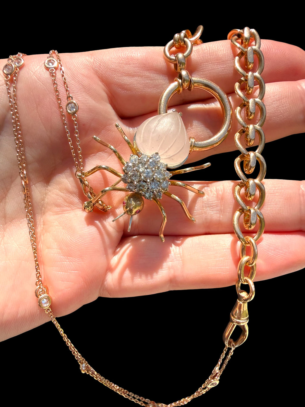 14k Diamond Rose Quartz Spider Brooch