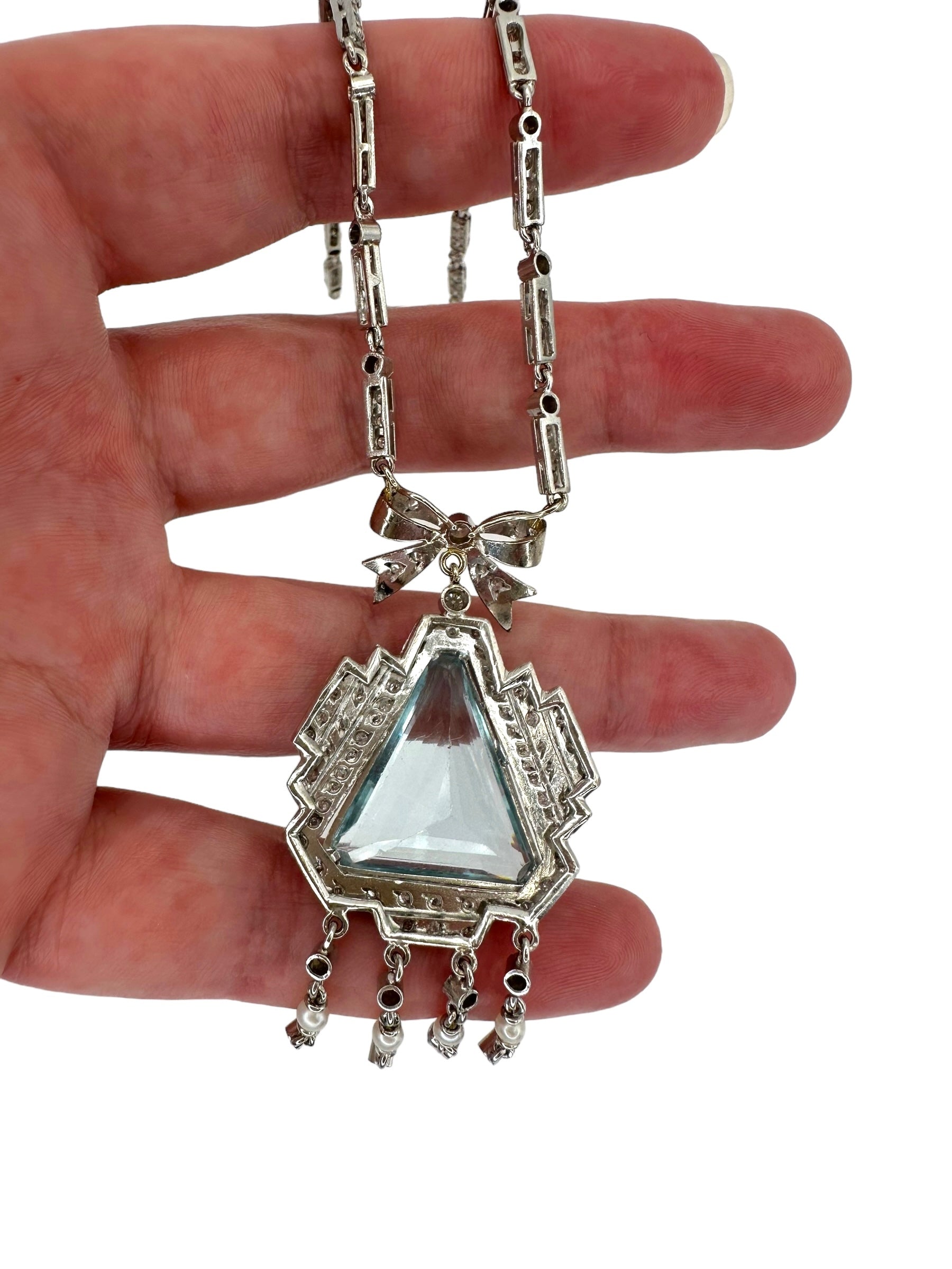 Platinum Diamond Aquamarine Pearl Dinner Necklace