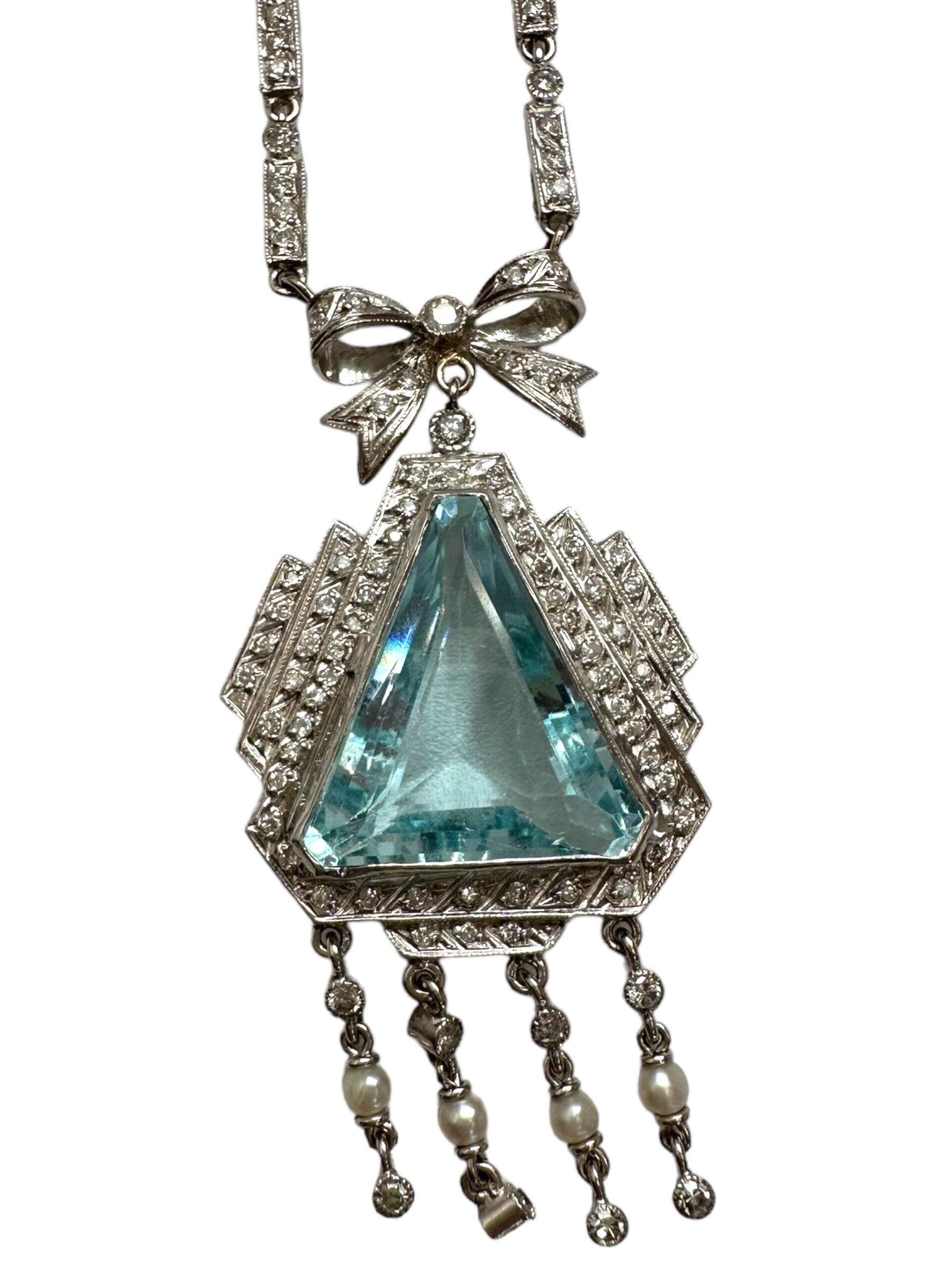 Platinum Diamond Aquamarine Pearl Dinner Necklace