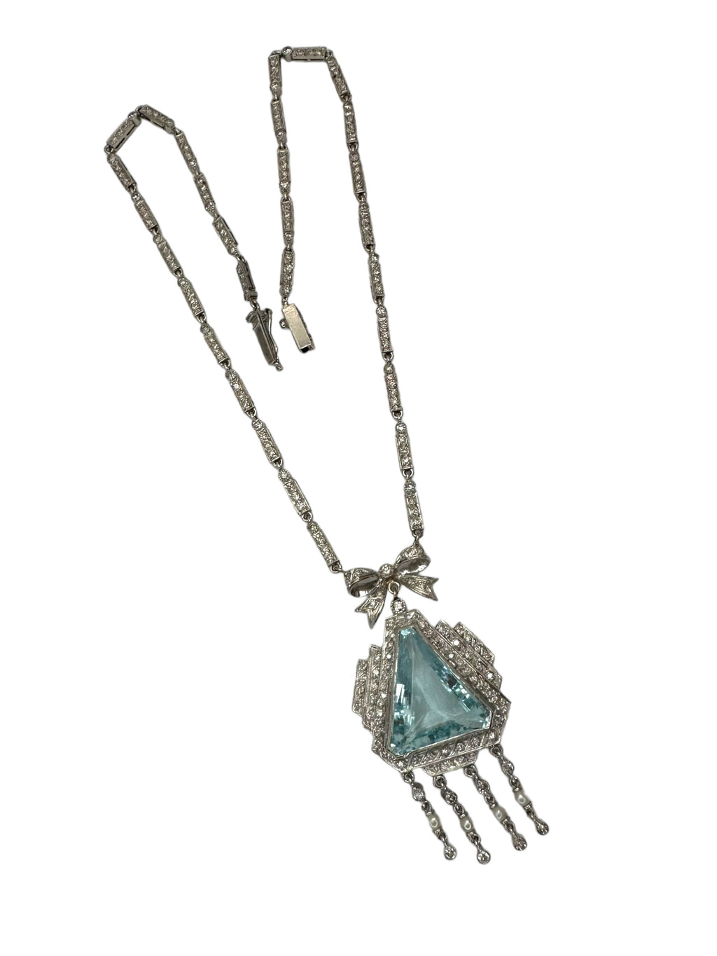 Platinum Diamond Aquamarine Pearl Dinner Necklace