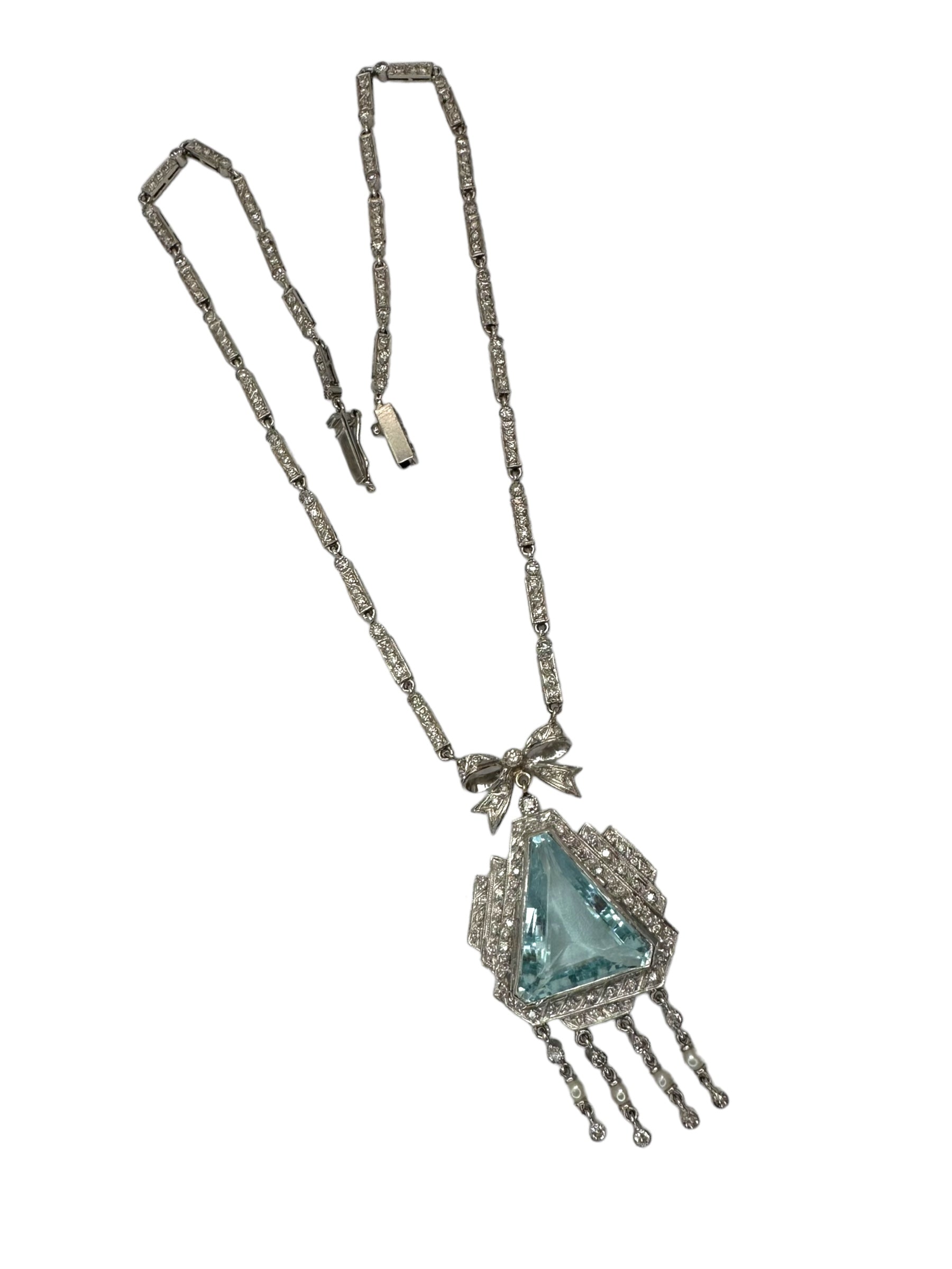 Platinum Diamond Aquamarine Pearl Dinner Necklace