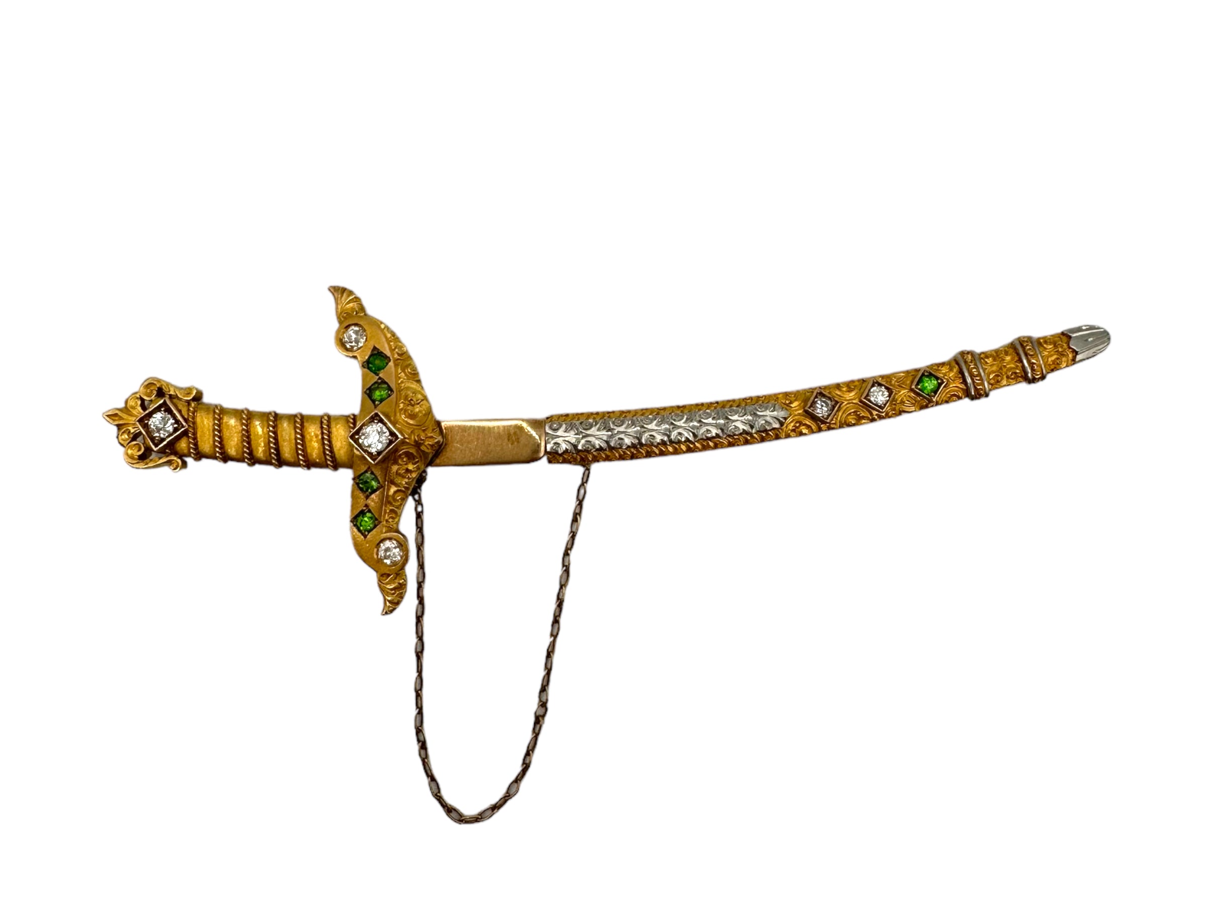 14k Platinum Diamond Demantoid Garnet Sword Brooch