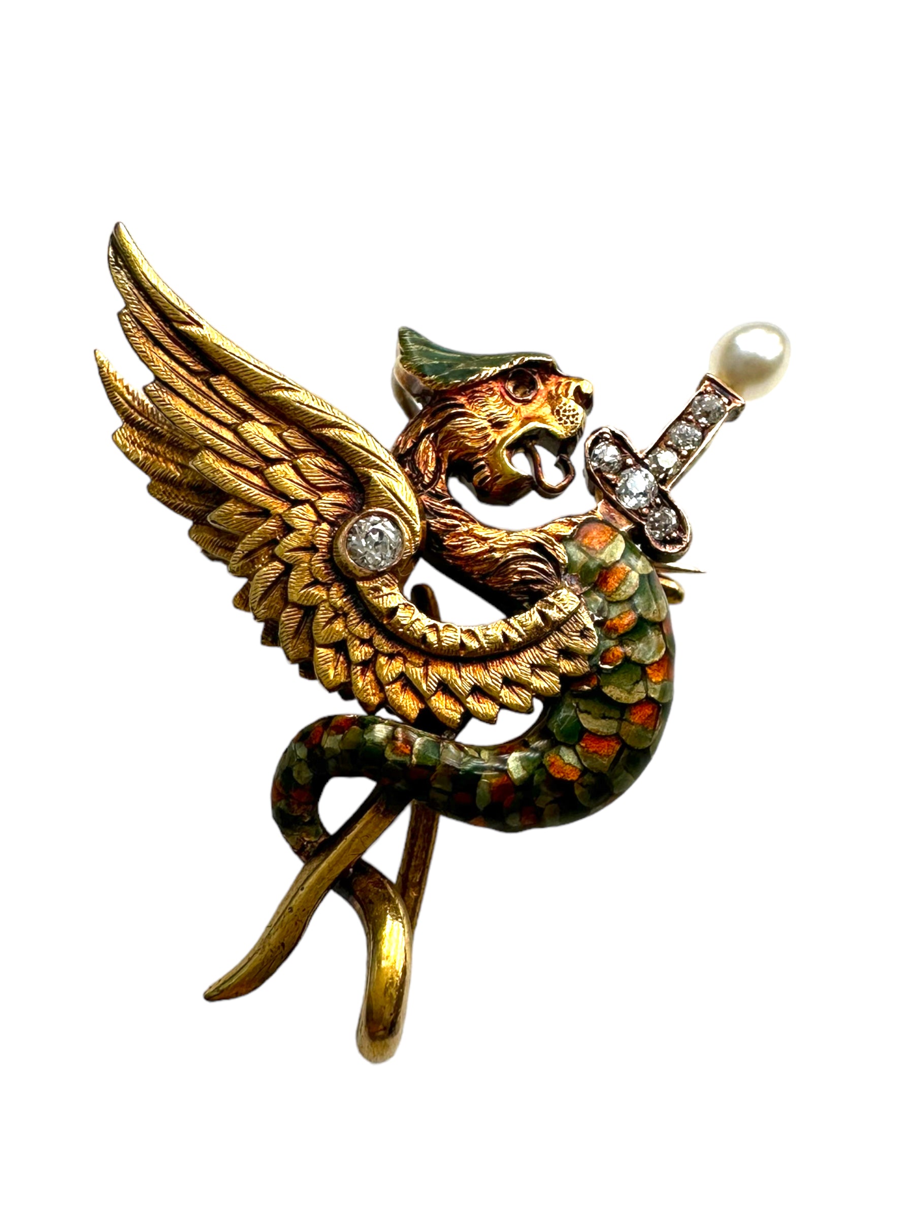 18k Art Nouveau Enamel Diamond Griffin Watch Pin/ Pendant