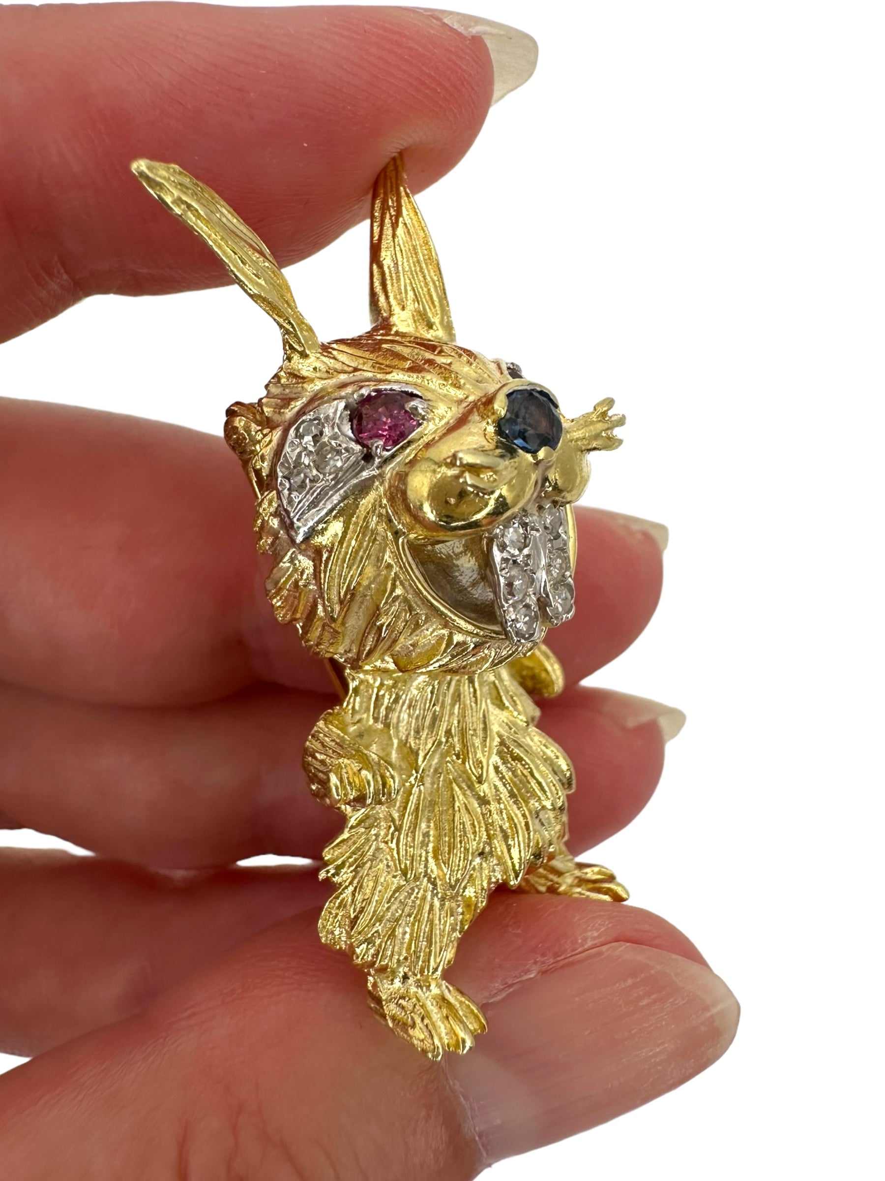 14k Rabbit Diamond Sapphire Ruby Brooch