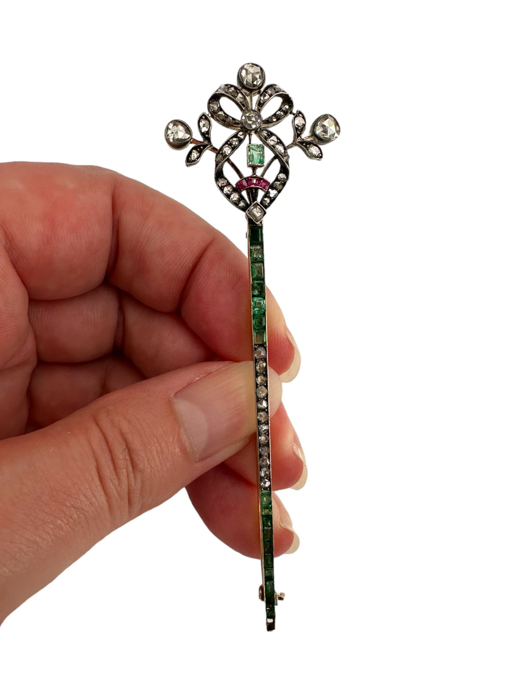 Antique 14k Silver Diamond Emerald Ruby Brooch