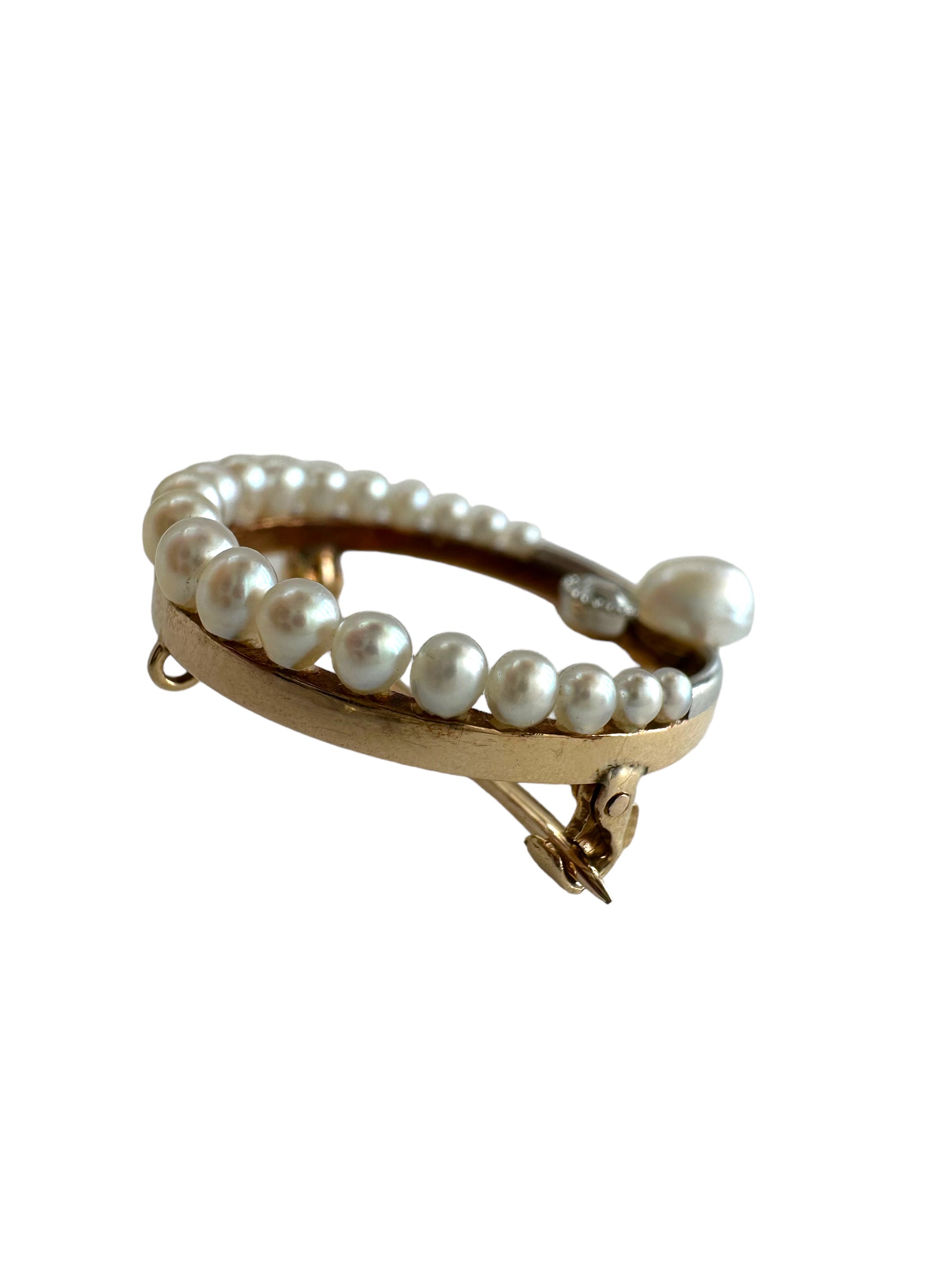 14k Pearl Diamond Moon Brooch