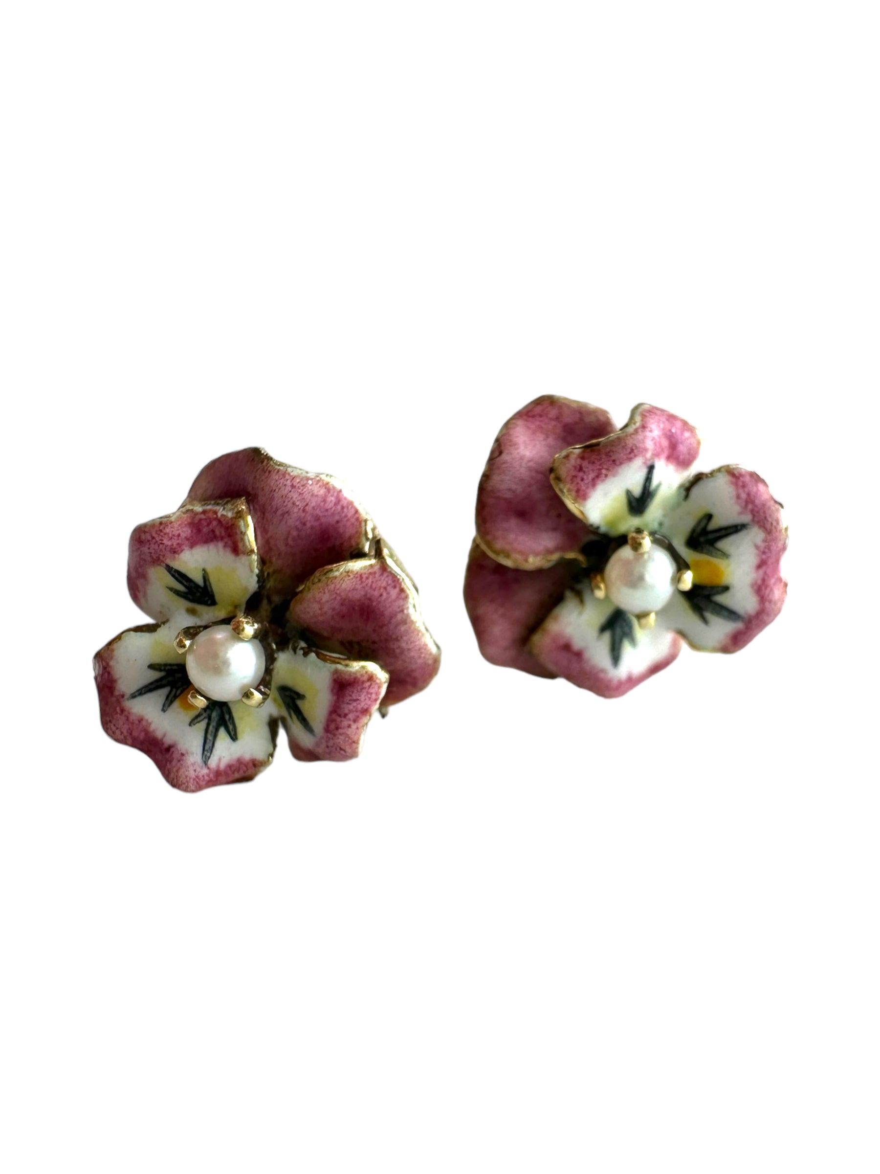 14k Pearl Enamel Pansy Earrings