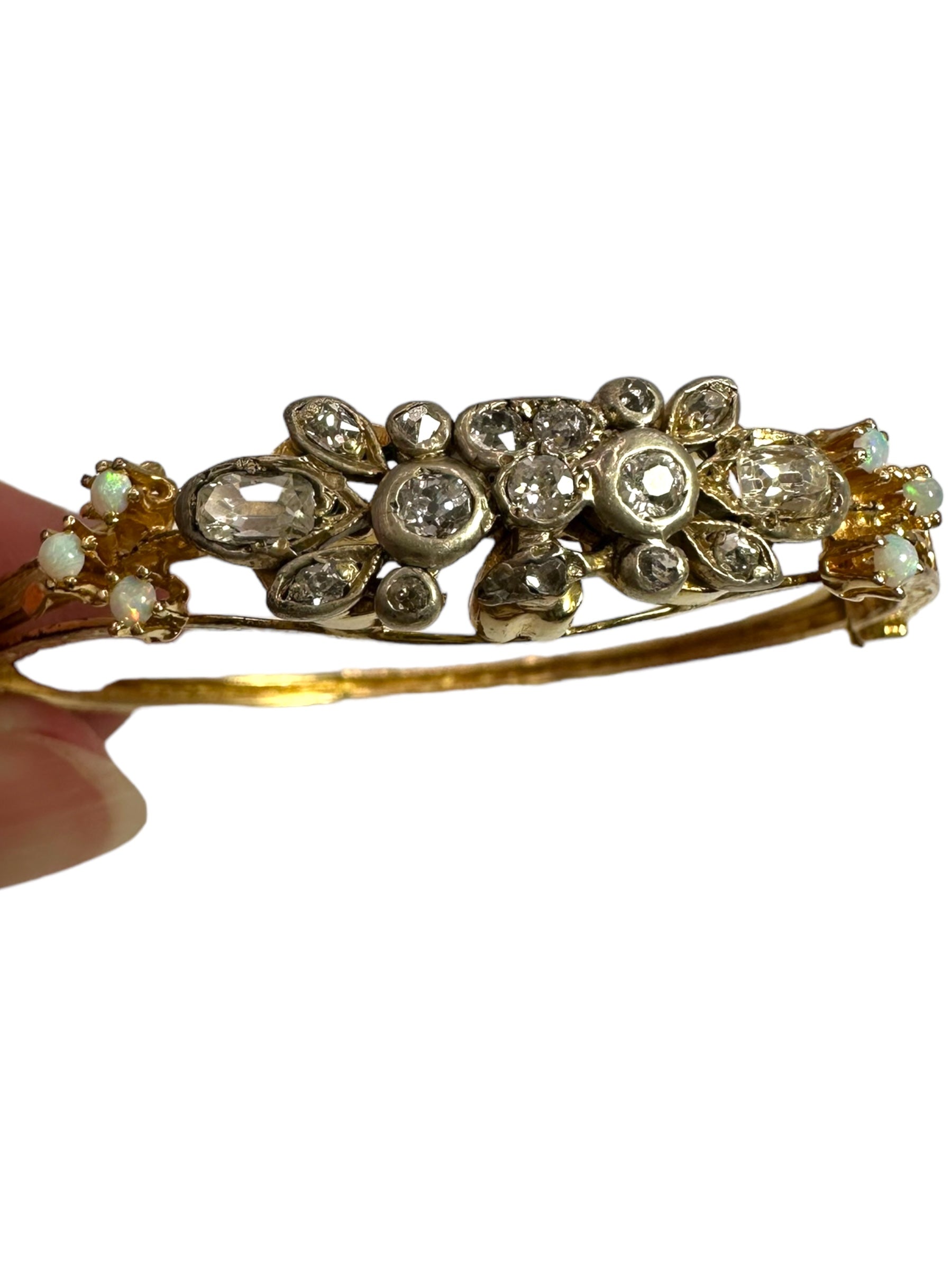 14k Diamond Opal Bangle Bracelet, Victorian Style