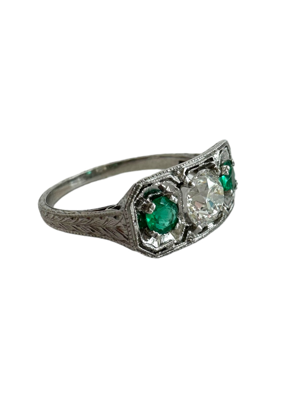 Platinum Art Deco Emerald Diamond Ring
