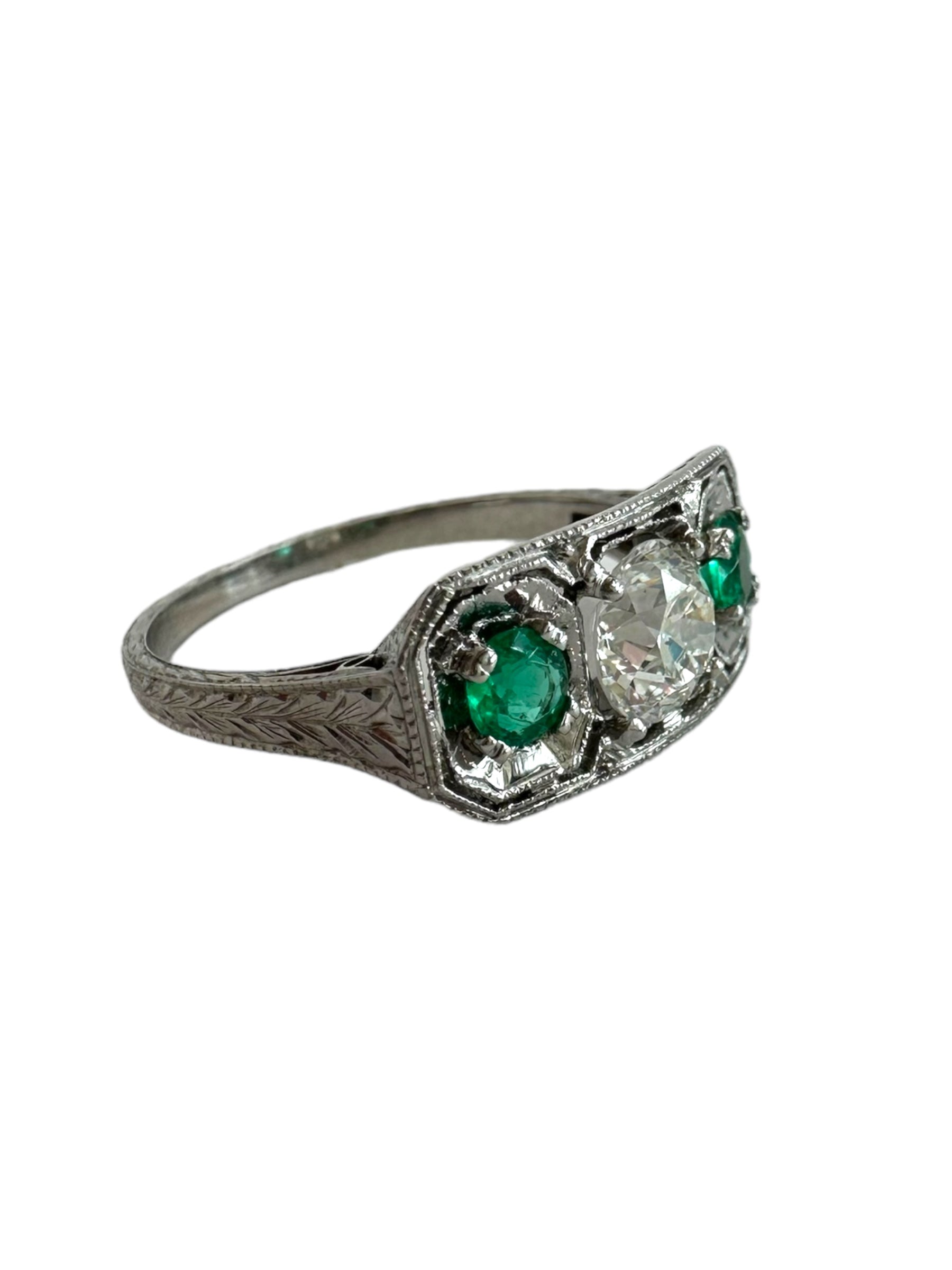 Platinum Art Deco Emerald Diamond Ring