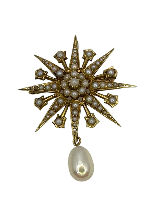 15k Victorian Pearl Starburst Brooch