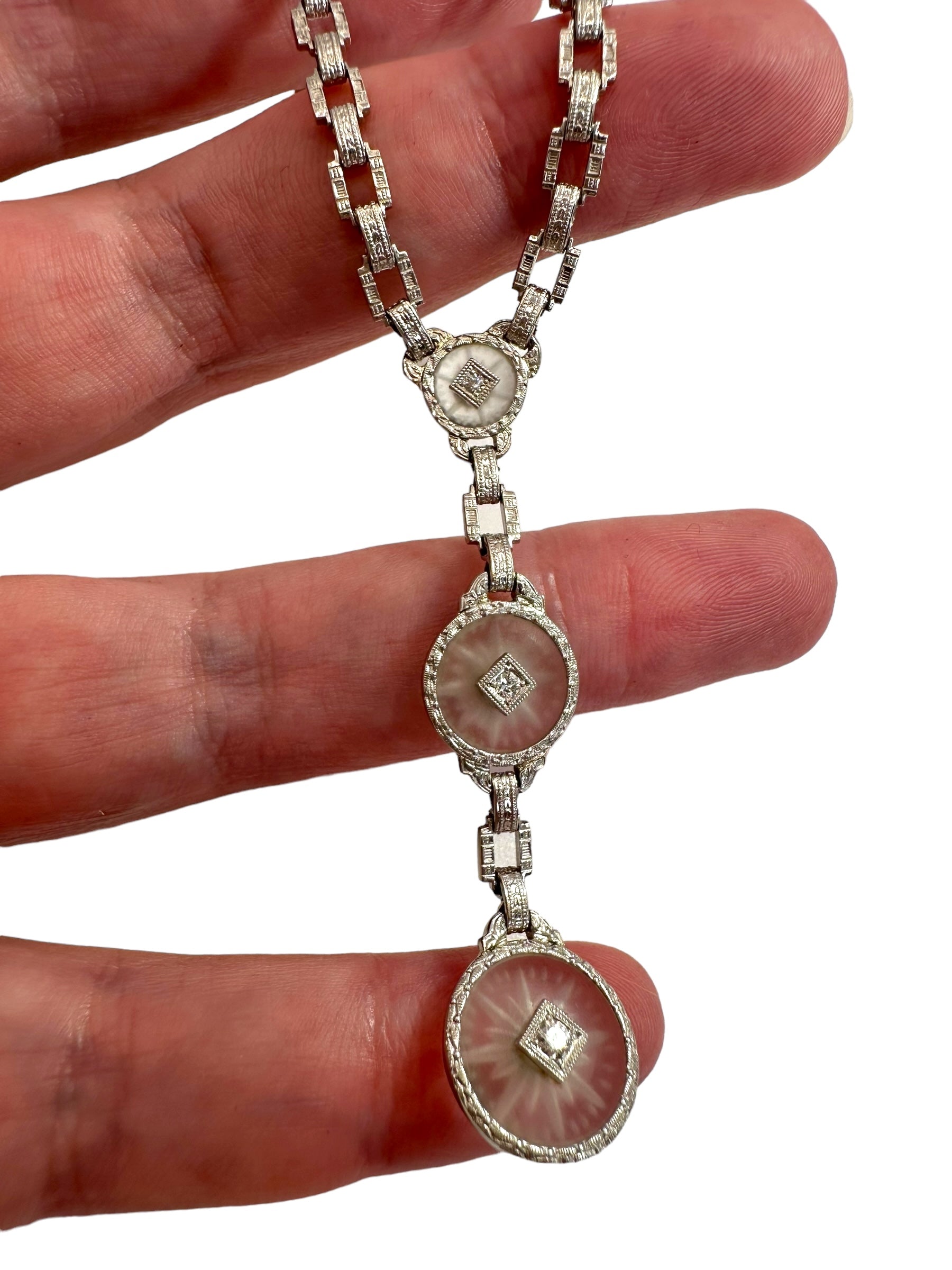 14k Art Deco Star Diamond Lavaliere Necklace