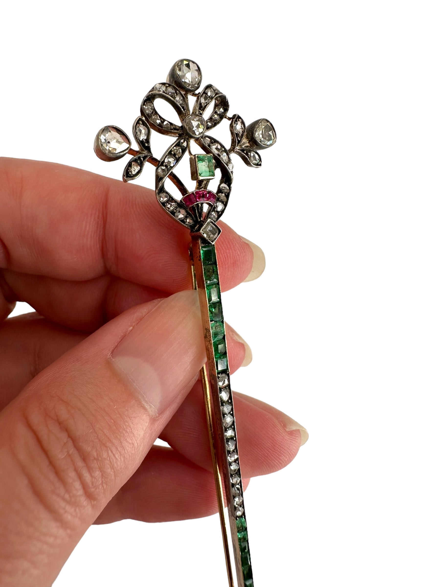 Antique 14k Silver Diamond Emerald Ruby Brooch