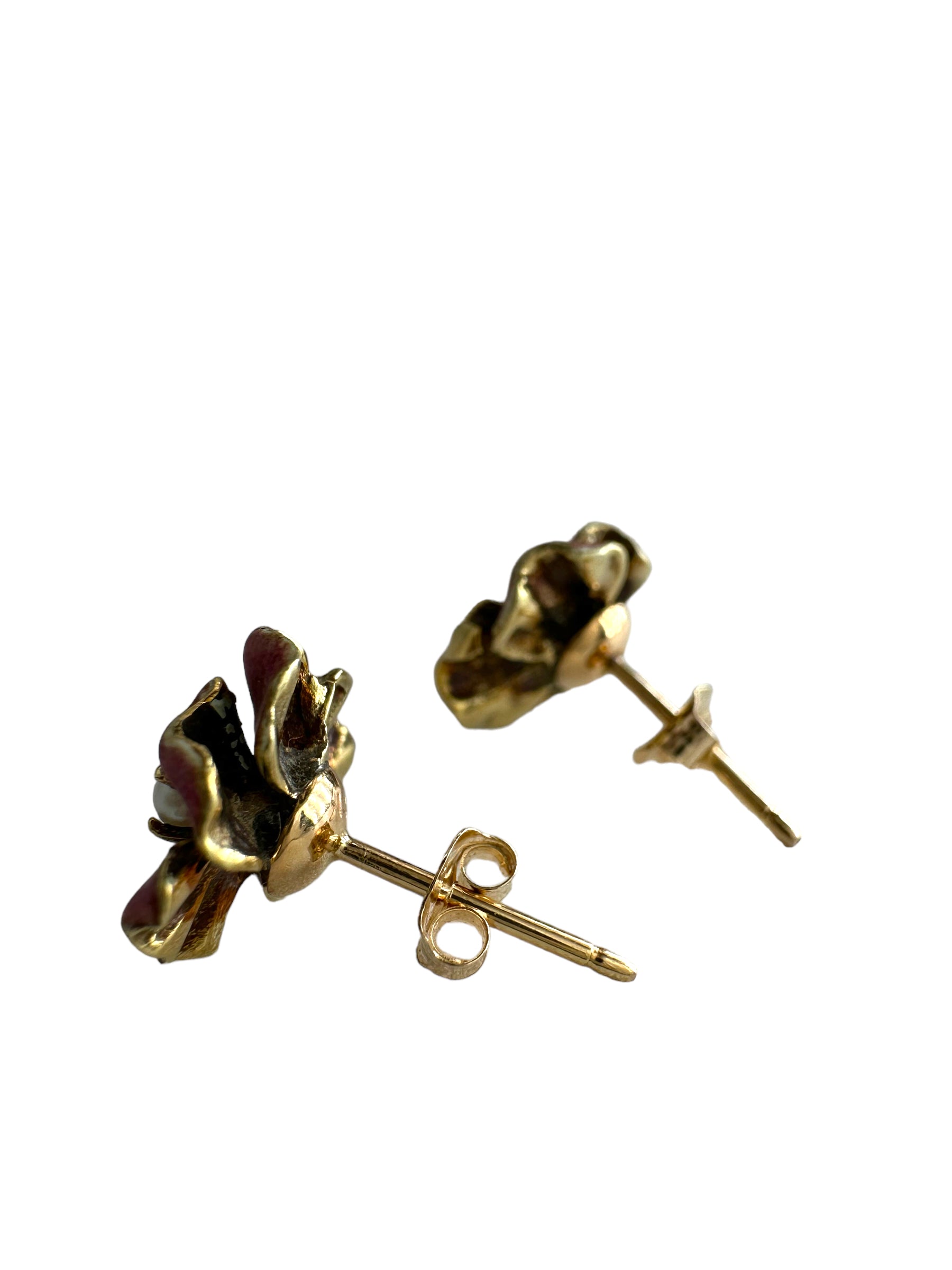 14k Pearl Enamel Pansy Earrings