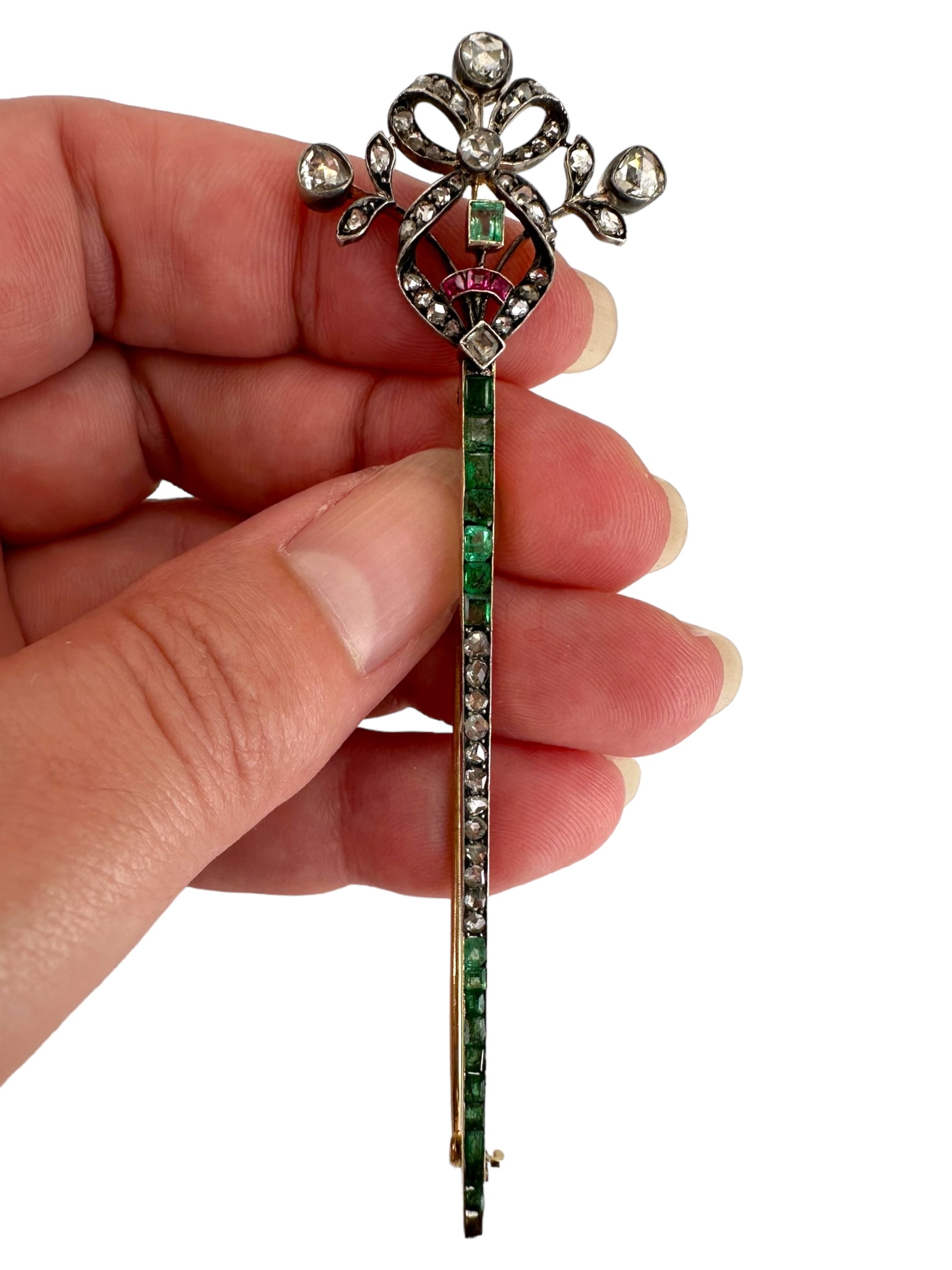Antique 14k Silver Diamond Emerald Ruby Brooch