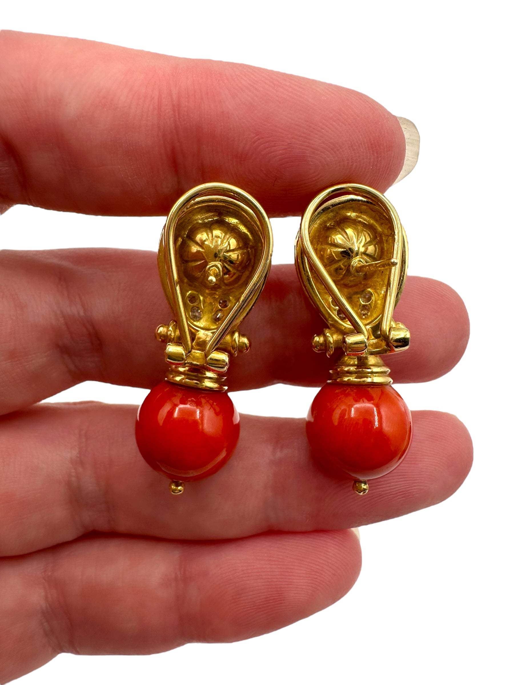 18k Coral Diamond Drop Earrings