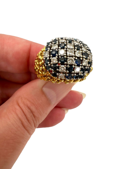 18k Sapphire Diamond Textured Ring