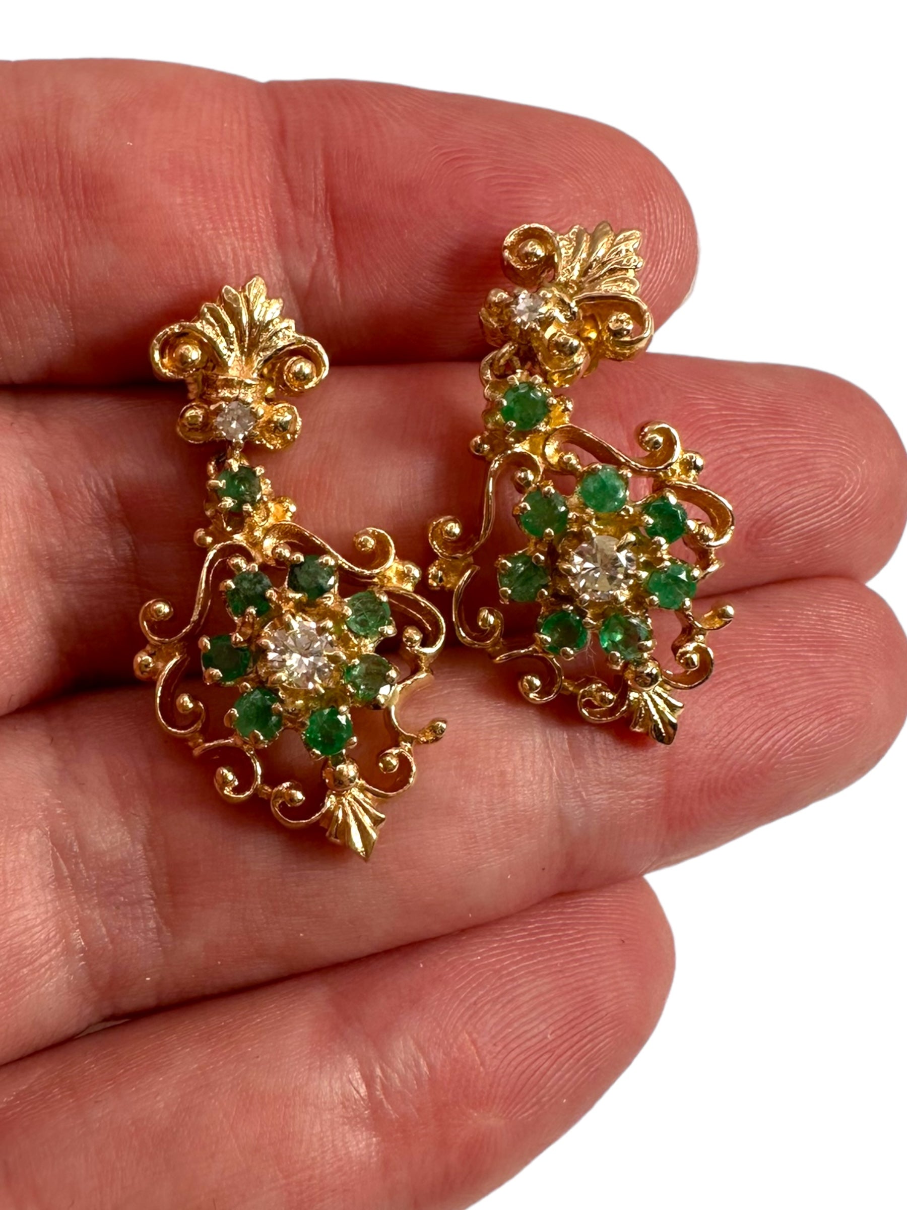 14k Emerald Diamond Drop Earrings