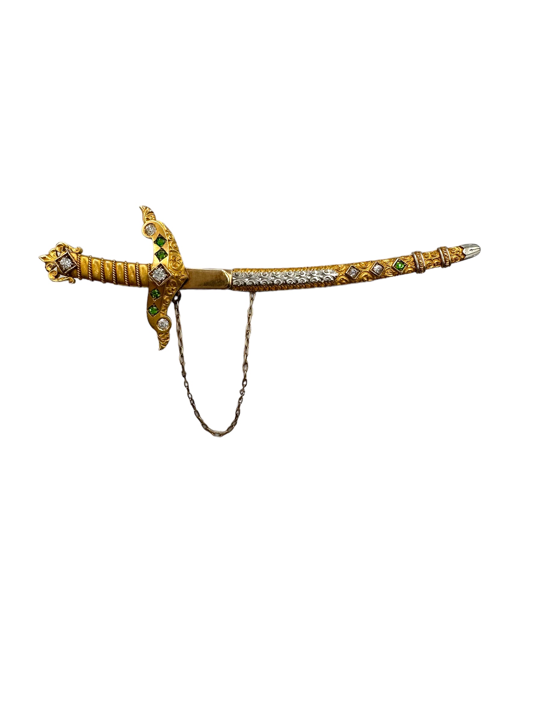 14k Platinum Diamond Demantoid Garnet Sword Brooch