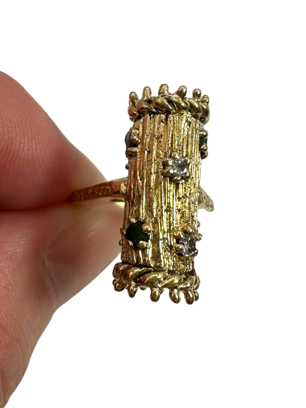14k Emerald Diamond Barrel Ring