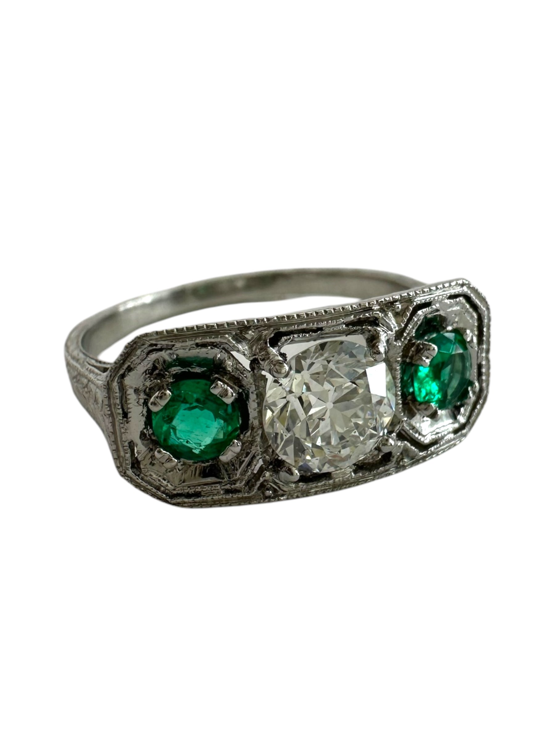 Platinum Art Deco Emerald Diamond Ring