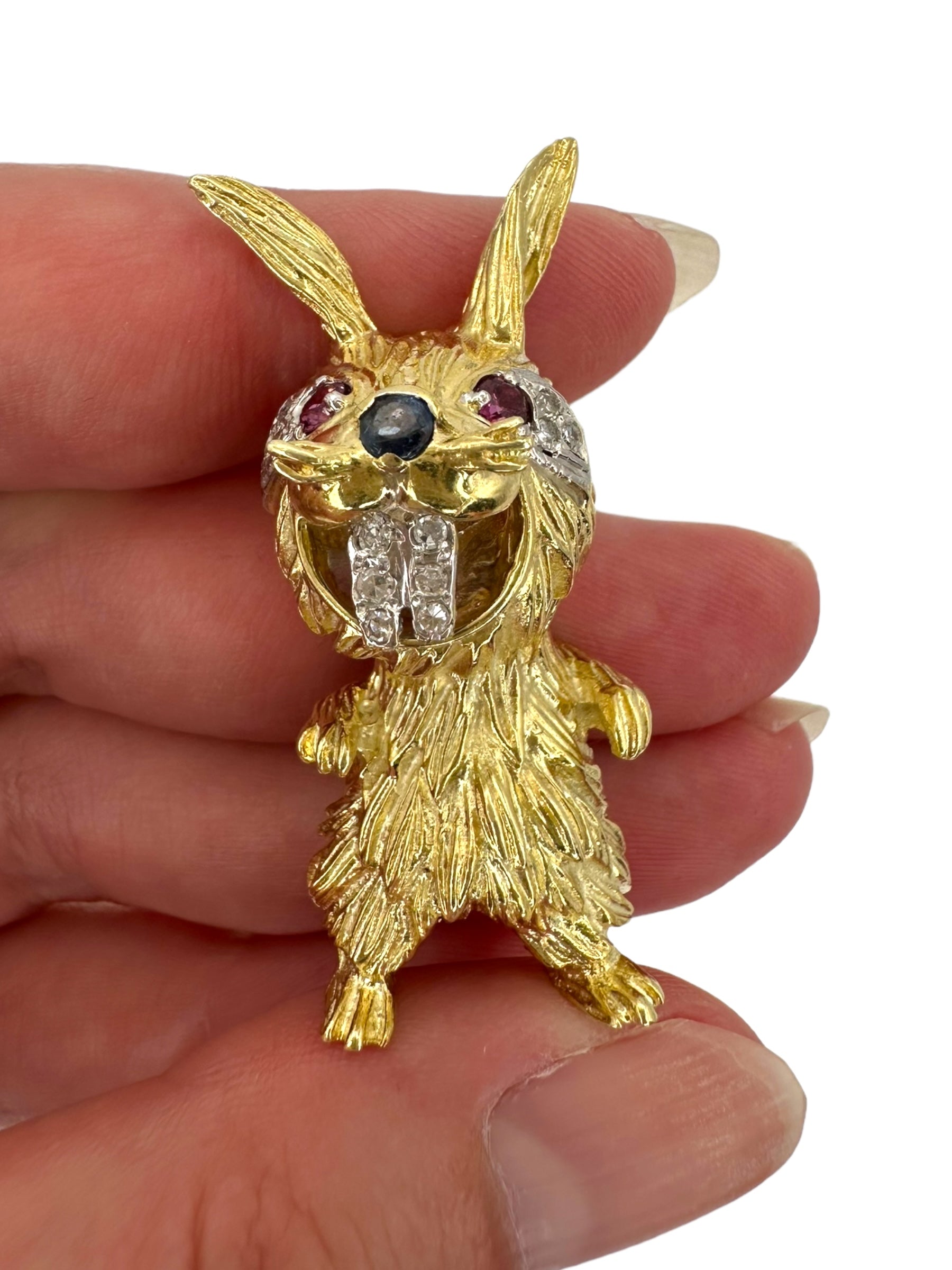 14k Rabbit Diamond Sapphire Ruby Brooch