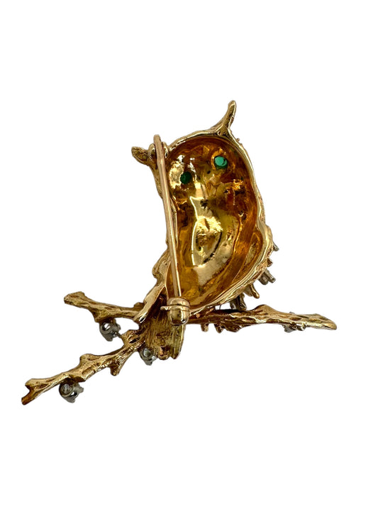 14k Owl Diamond Brooch