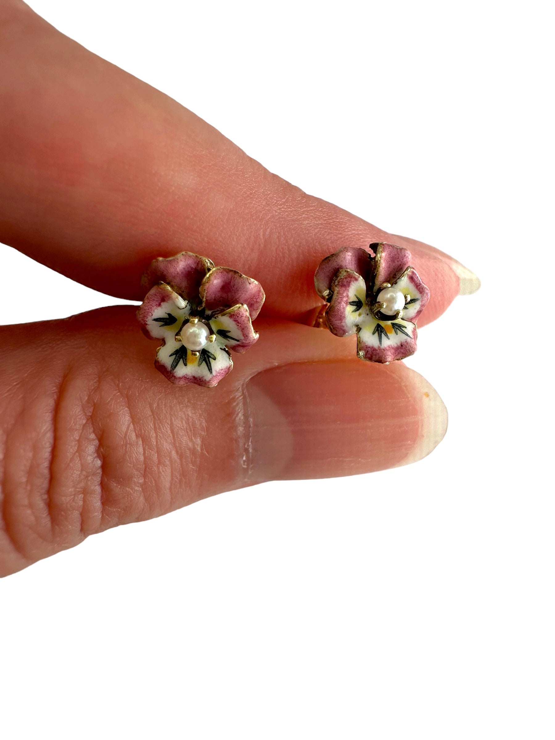 14k Pearl Enamel Pansy Earrings