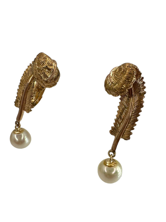14k Tiffany Pearl Drop Feather Earrings