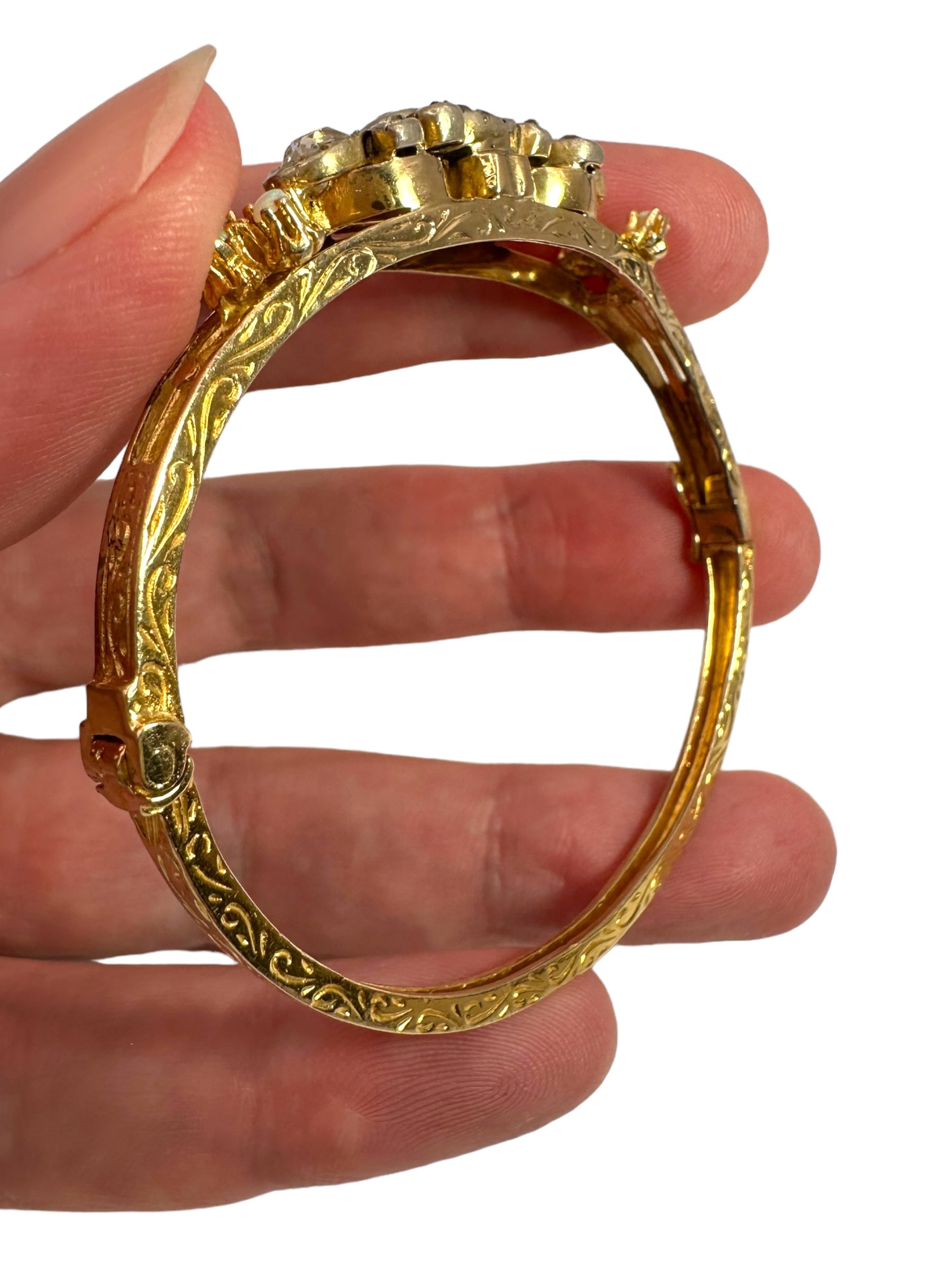 14k Diamond Opal Bangle Bracelet, Victorian Style