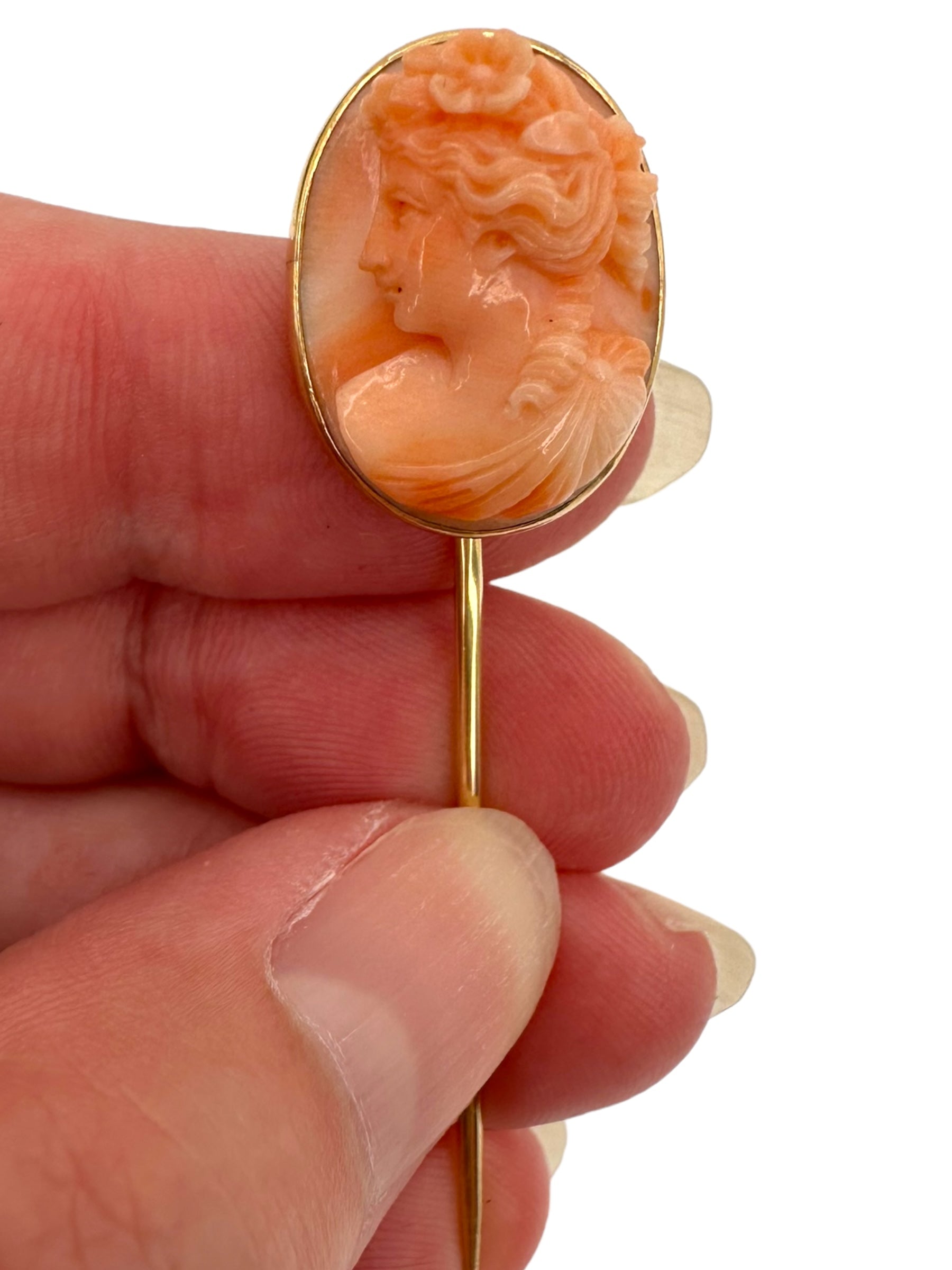 14k Carved Coral Cameo Stick Pin