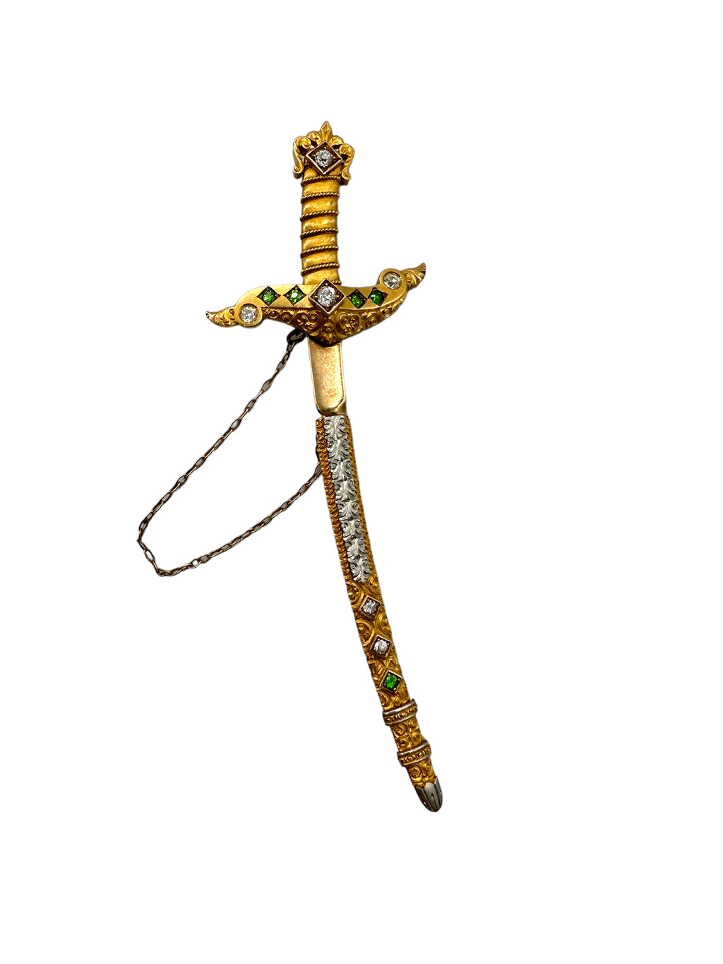 14k Platinum Diamond Demantoid Garnet Sword Brooch