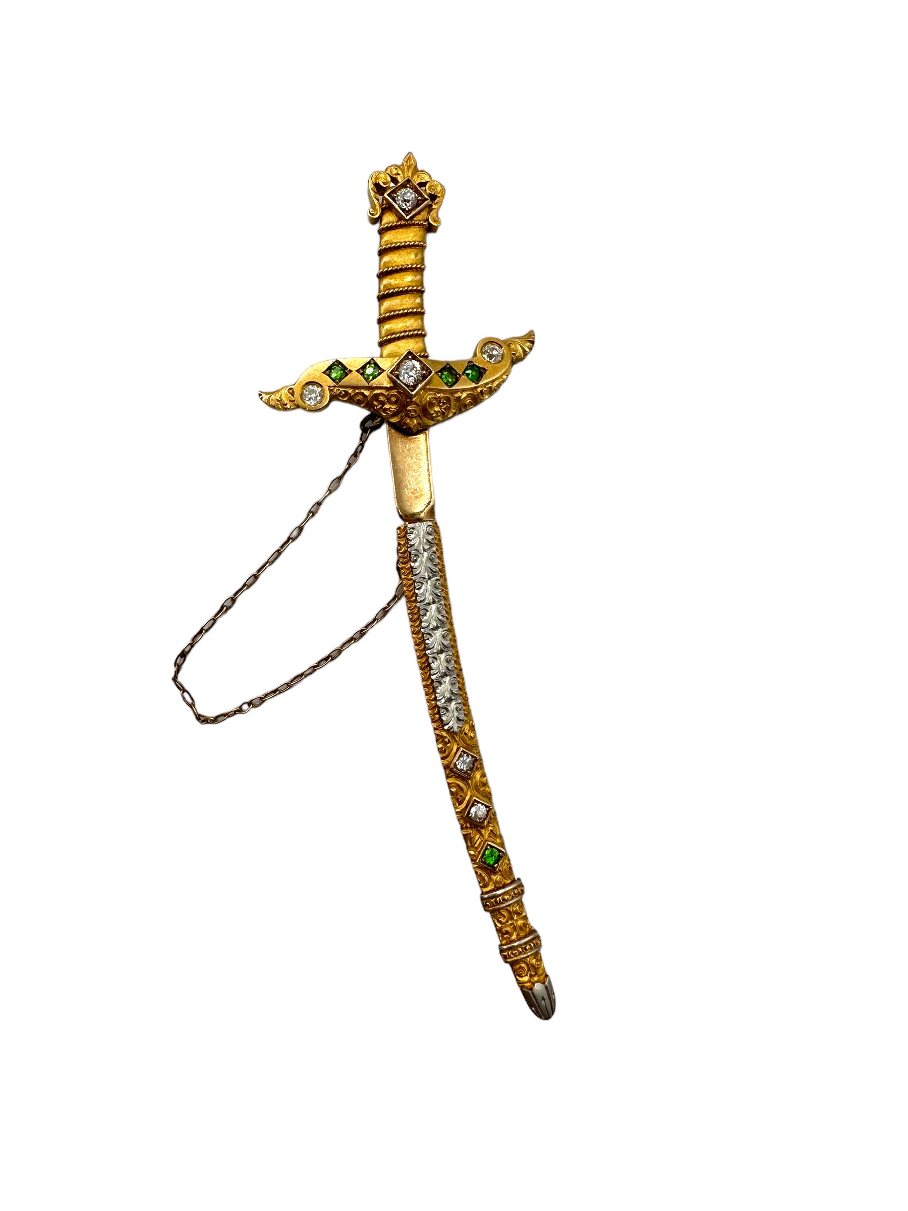 14k Platinum Diamond Demantoid Garnet Sword Brooch