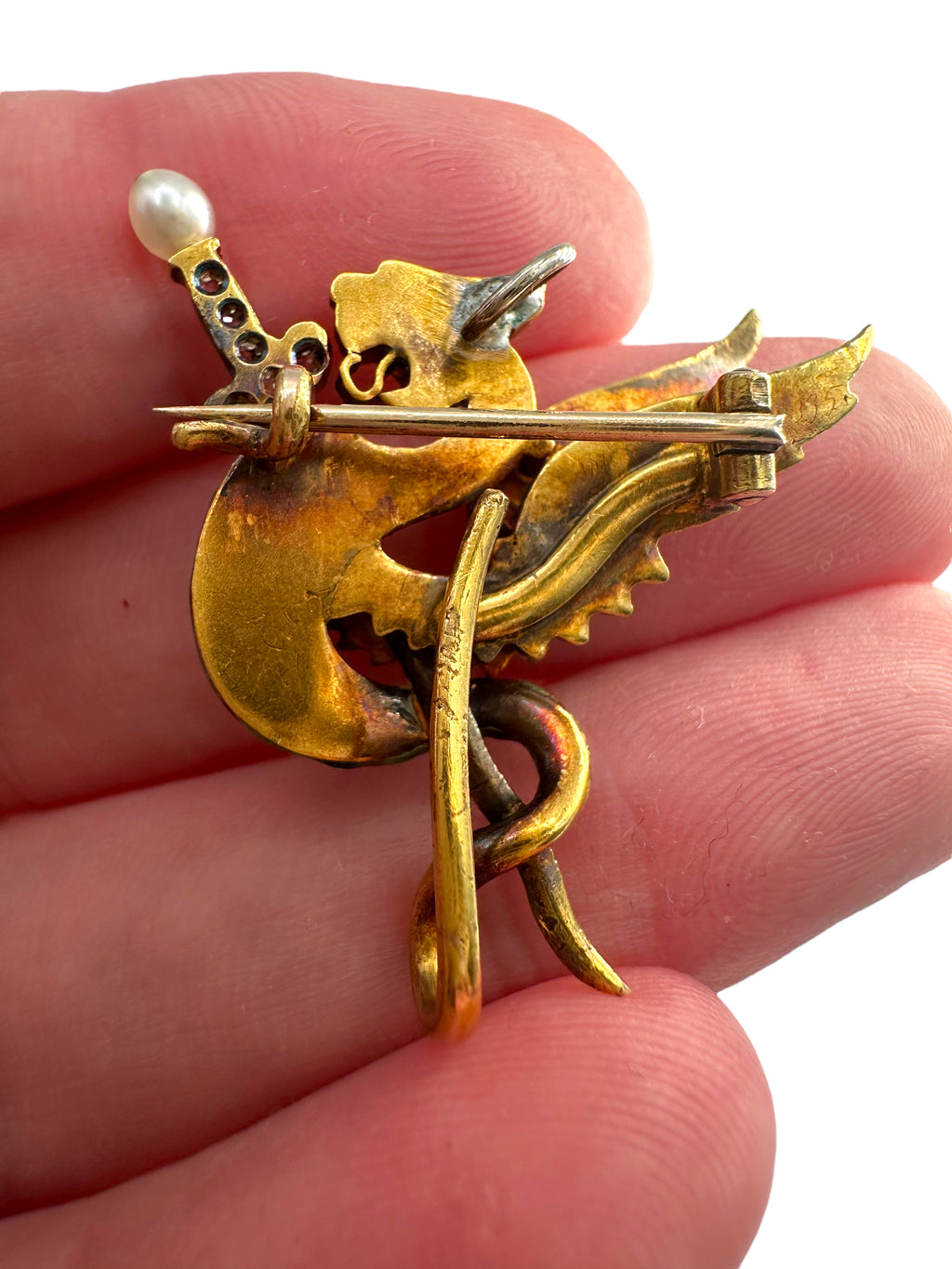 18k Art Nouveau Enamel Diamond Griffin Watch Pin/ Pendant