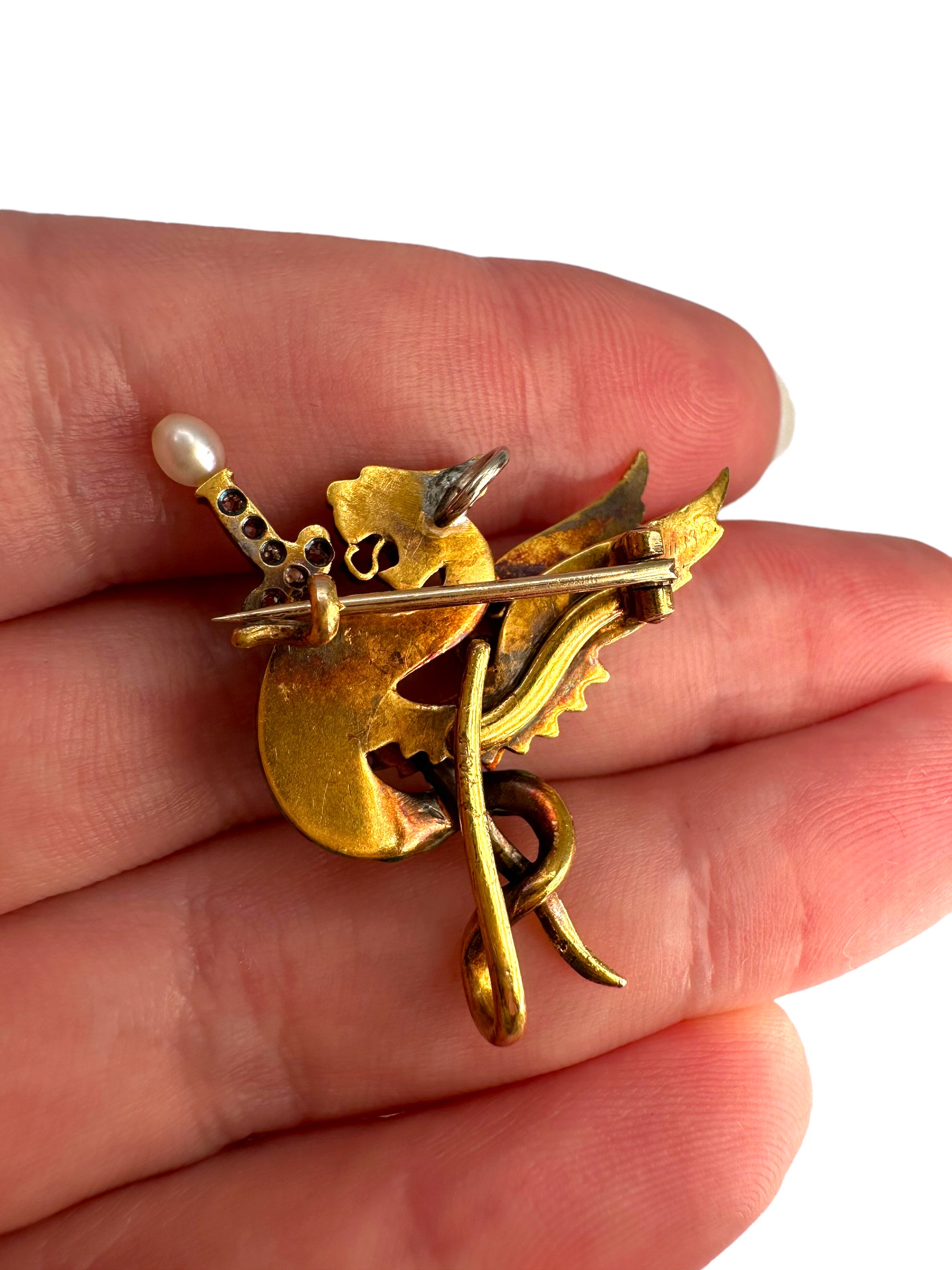 18k Art Nouveau Enamel Diamond Griffin Watch Pin/ Pendant