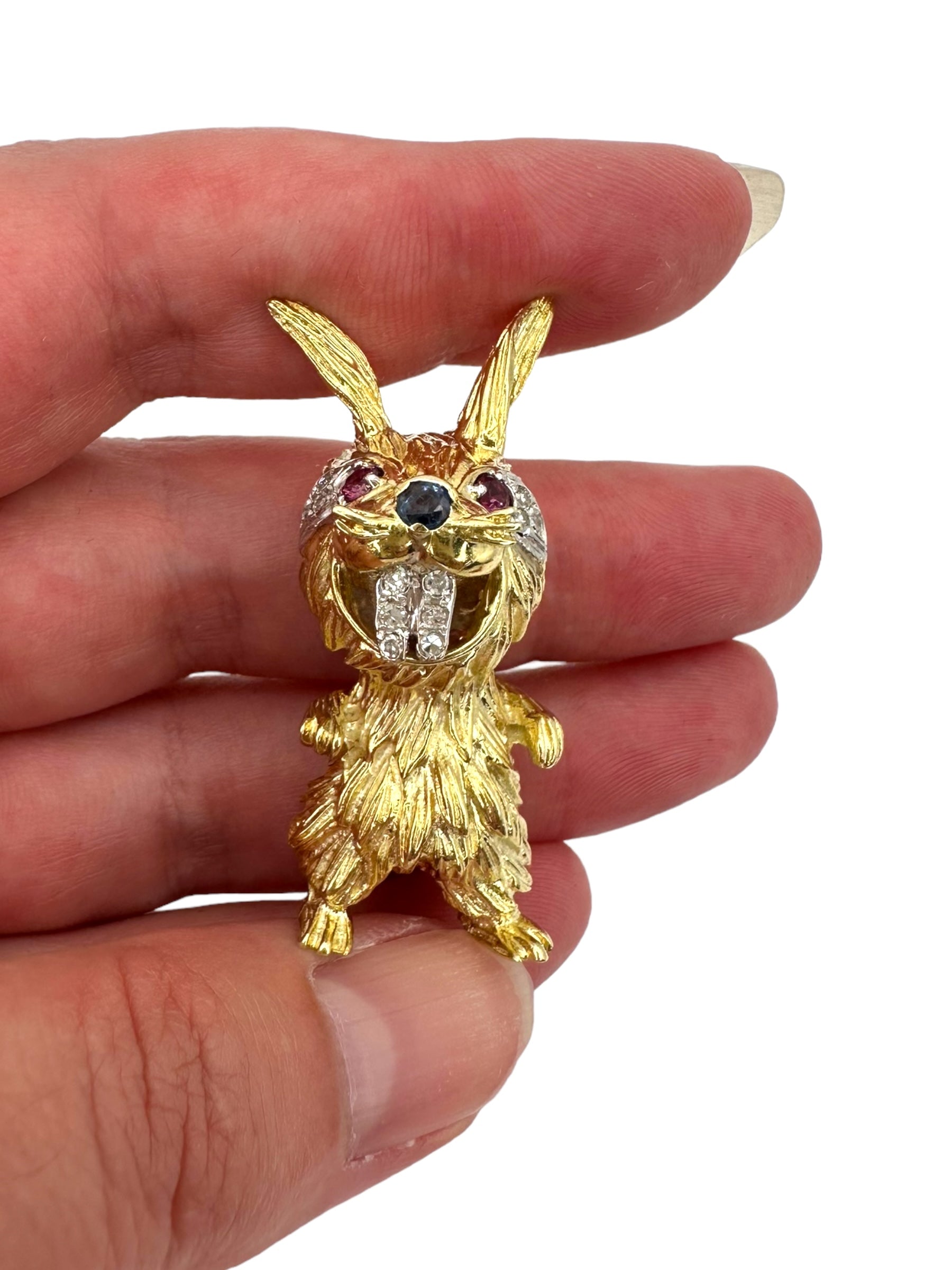 14k Rabbit Diamond Sapphire Ruby Brooch